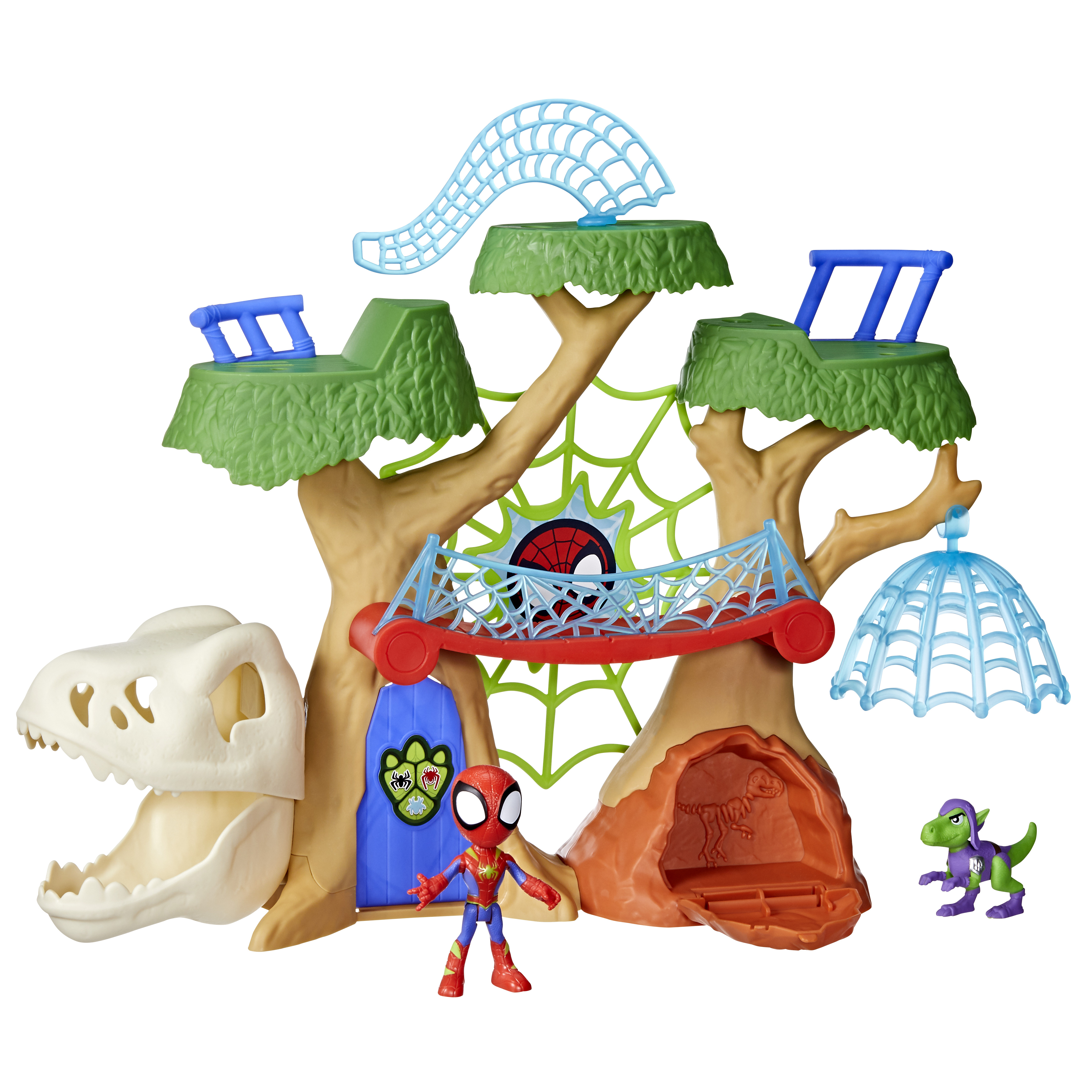 Un playset di Spider-Man con un teschio di dinosauro, una casa sull'albero, una figura di Spidey e un dinosauro verde.