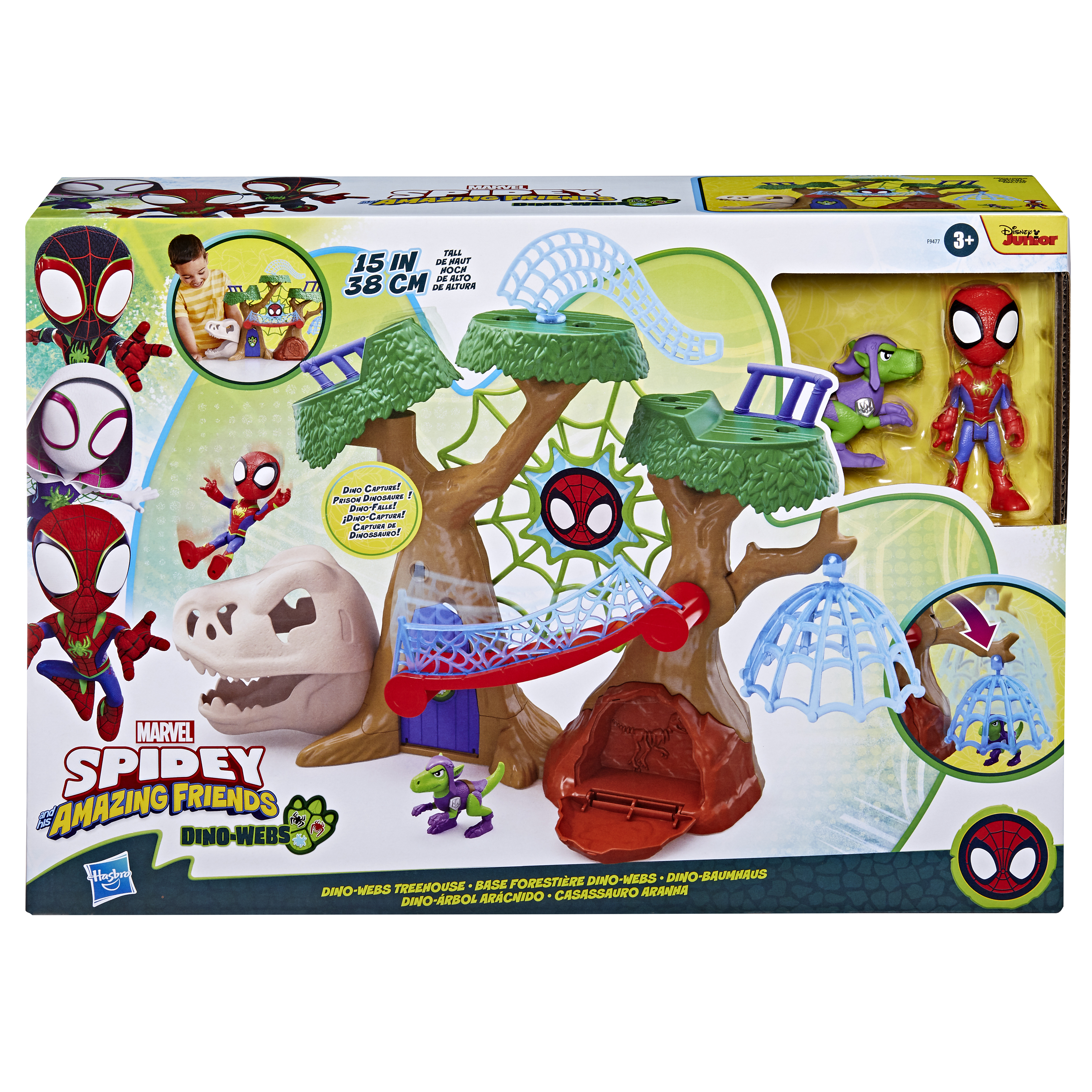 Confezione di un set di gioco di Spider-Man. Presenta personaggi di Spider-Man, una testa di dinosauro e una casa sull'albero.