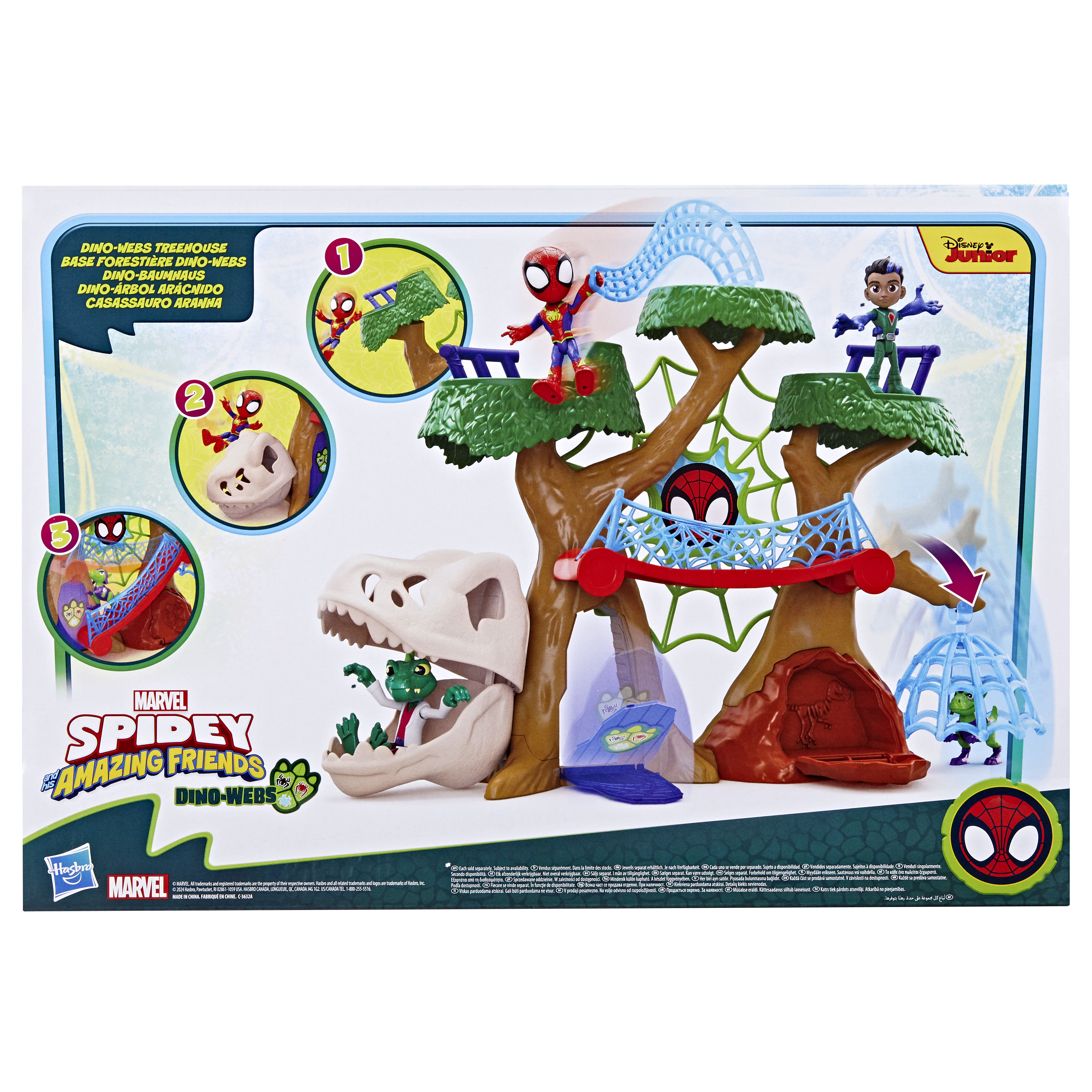 Set con Spider-Man, casa sull'albero, teschio di dinosauro e altri personaggi.