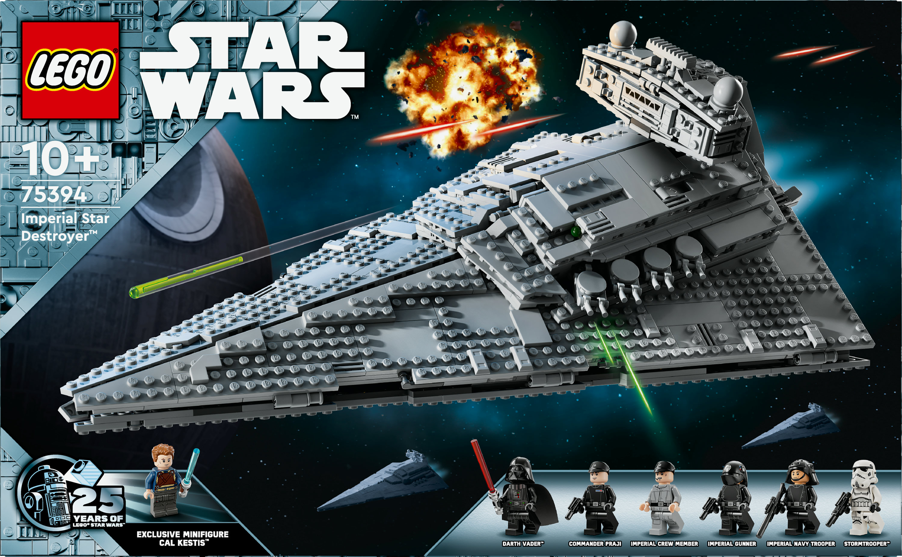 Zestaw LEGO Star Wars Imperial Star Destroyer. Zawiera minifigurki i tło bitwy kosmicznej z eksplozją.