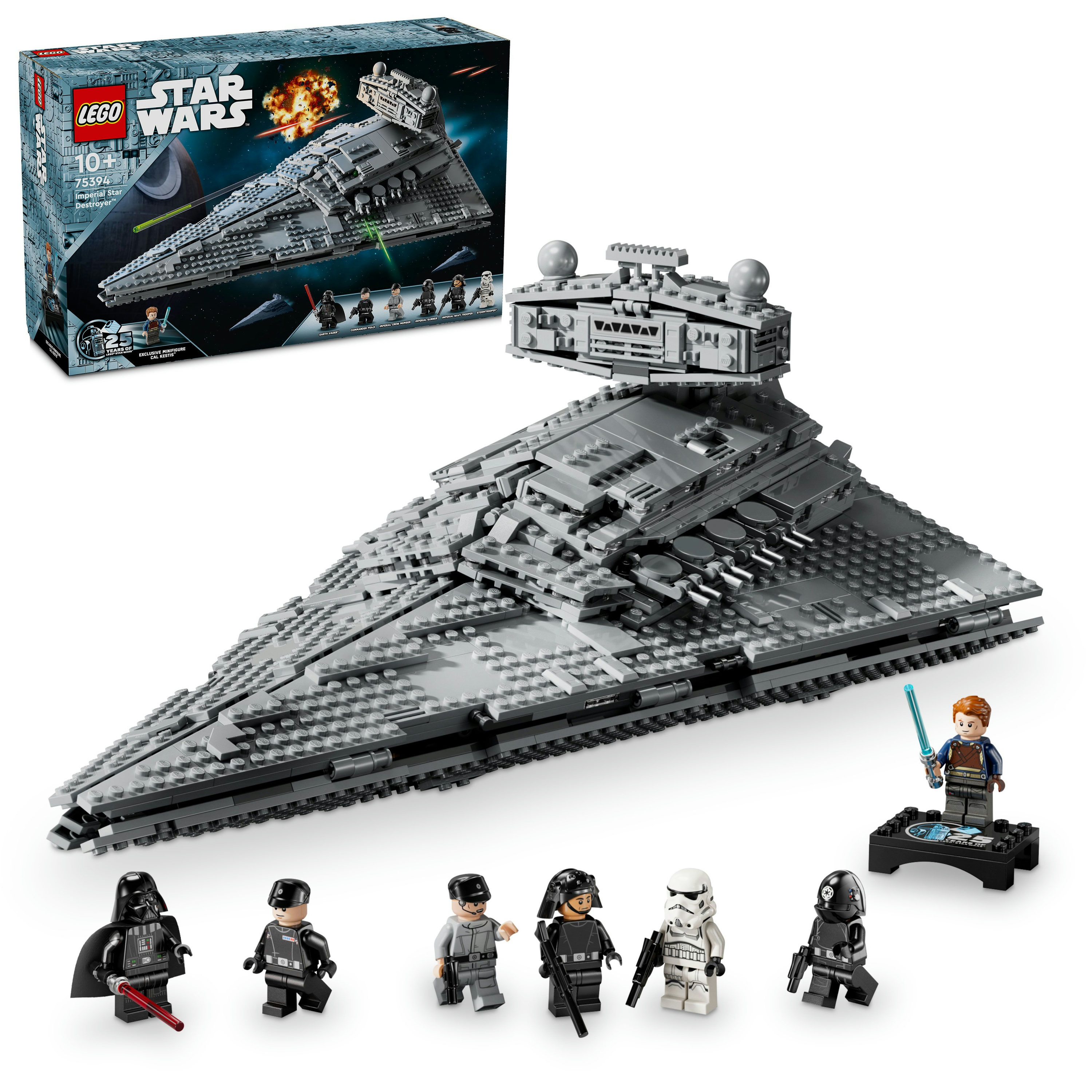 Zestaw Lego Star Wars. Szary Imperial Star Destroyer z minifigurkami, w tym Darthem Vaderem i szturmowcem.