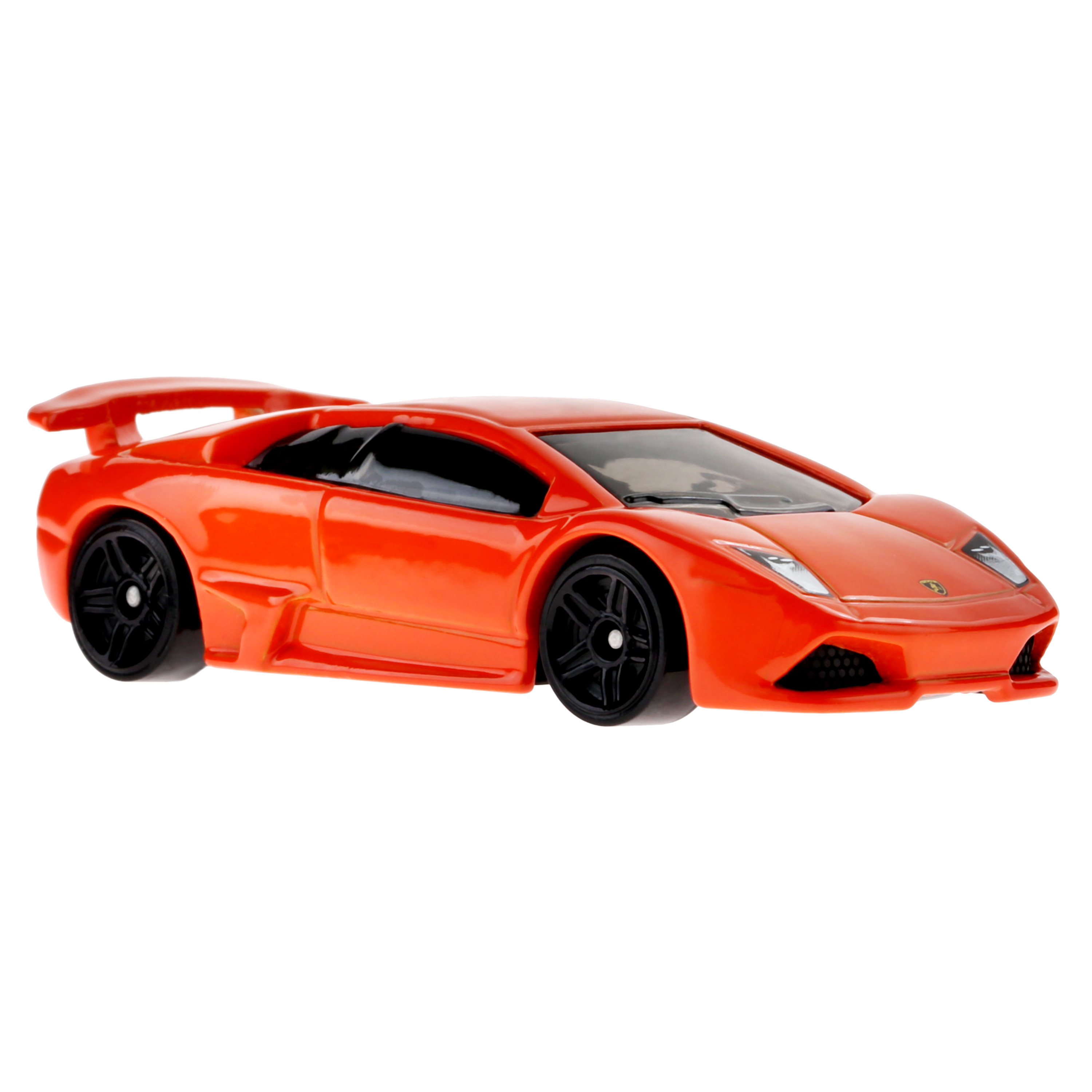 Pomarańczowy samochodzik Lamborghini z czarnymi kołami i spojlerem na białym tle.