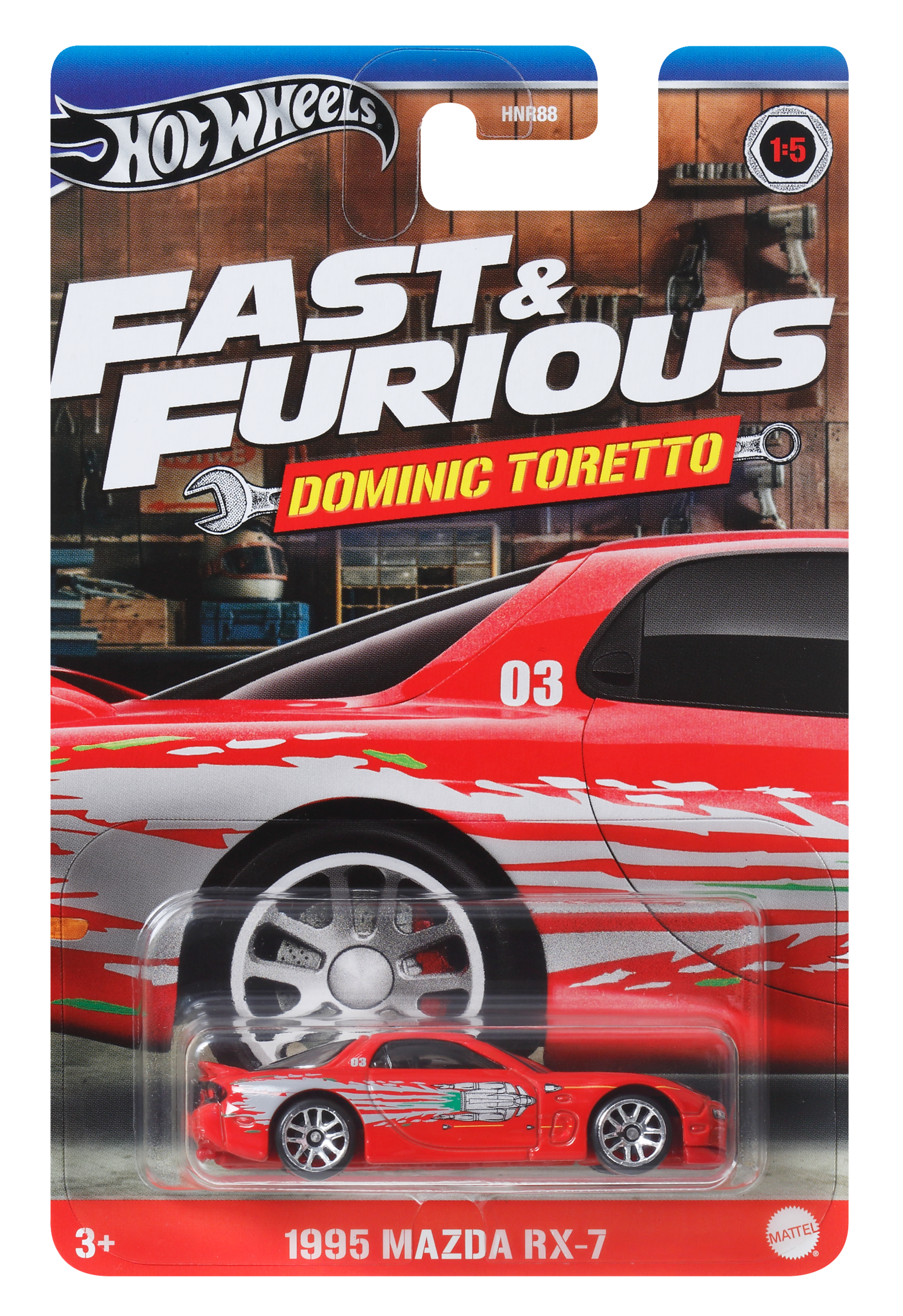 Czerwony samochód Hot Wheels z 1995 Mazda RX-7. Opakowanie zawiera markę Fast & Furious z Dominicem Toretto.