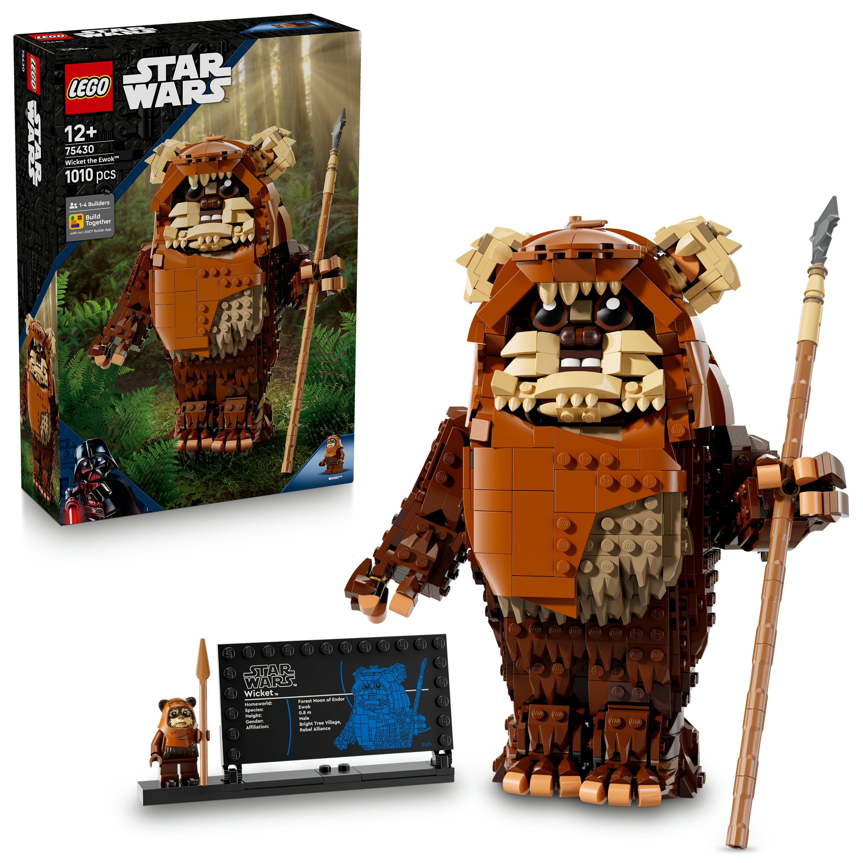 Zestaw Lego Star Wars z Wicketem Ewokiem, brązową figurką z włócznią i pudełkiem wystawowym.