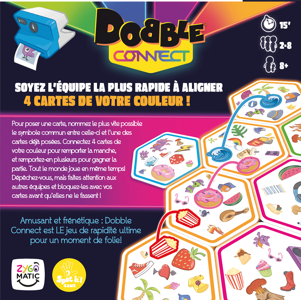 Scatola del gioco Dobble Connect. Fotocamera blu, carte multicolore con simboli, dettagli del gioco, fascia d'età e tempo di gioco.