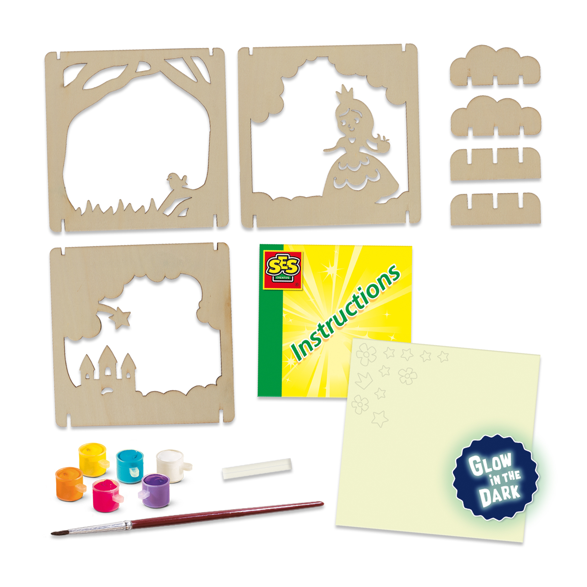 Drewniane wycinanki, farby, pędzel i instrukcje do sztuki. Zawiera księżniczkę, zamek, drzewo, chmury i świecący element.