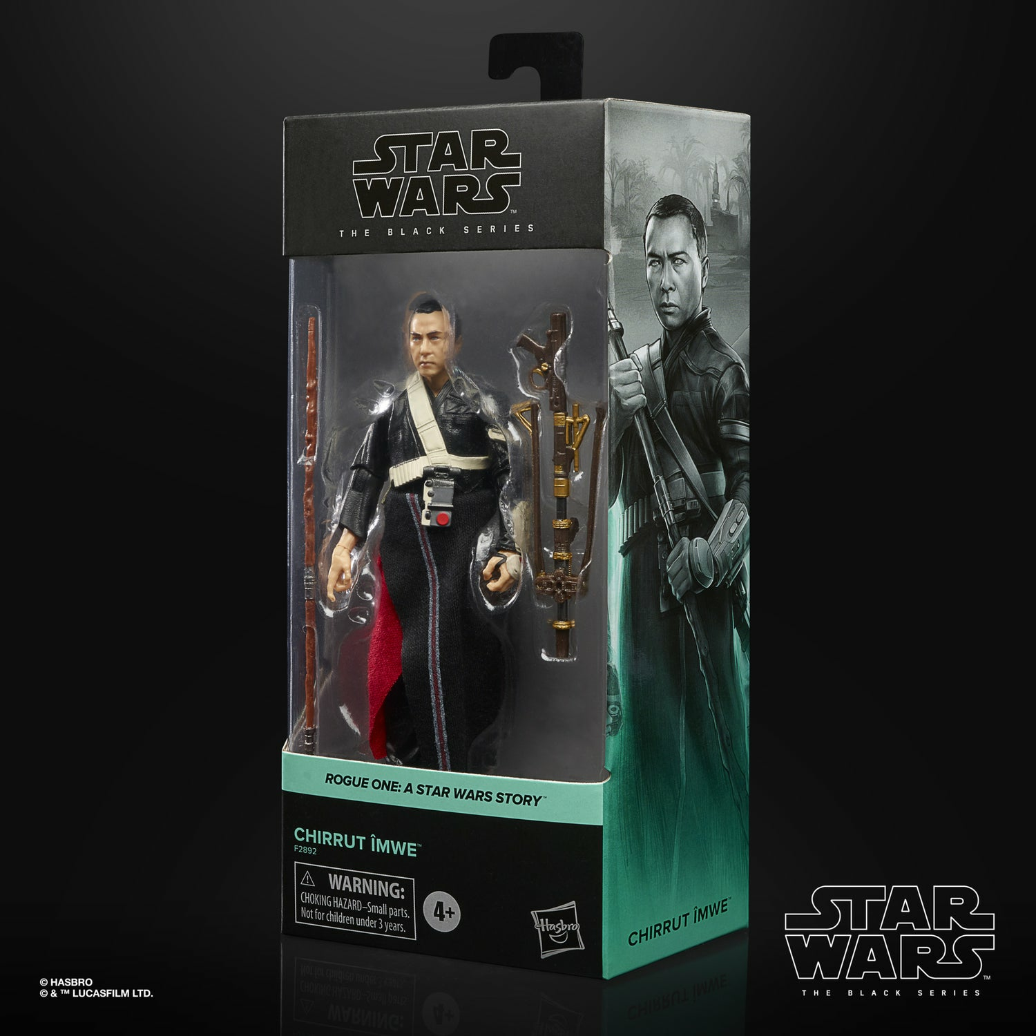 Caja de figuras de acción de Star Wars. La figura es Chirrut Îmwe. La caja tiene una imagen del personaje y el logo de Star Wars.