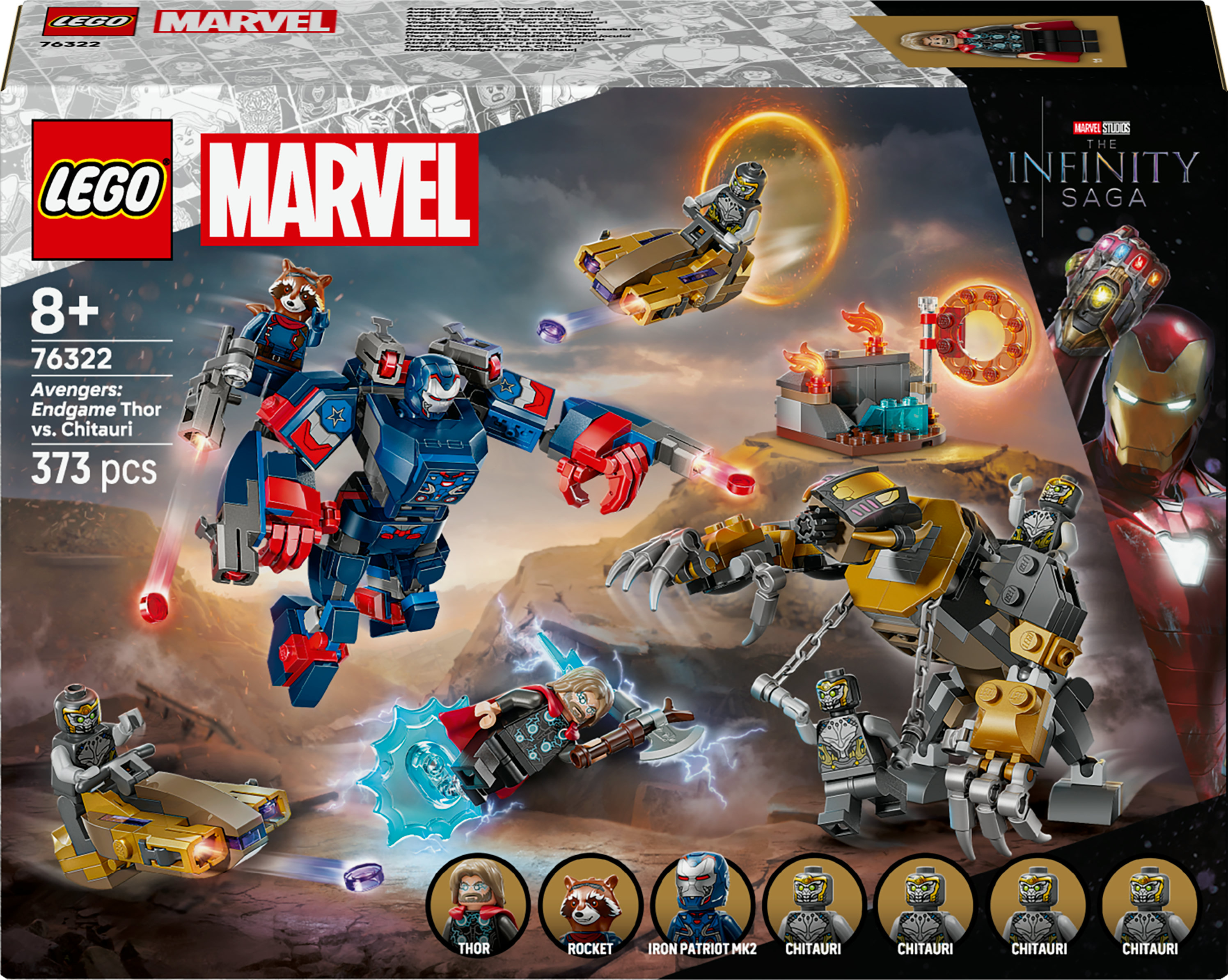 Pudełko zestawu Lego. Avengers: Endgame Thor vs. Chitauri. Zawiera figurki Thora, Rocket, Iron Patriot MK2 i Chitauri.