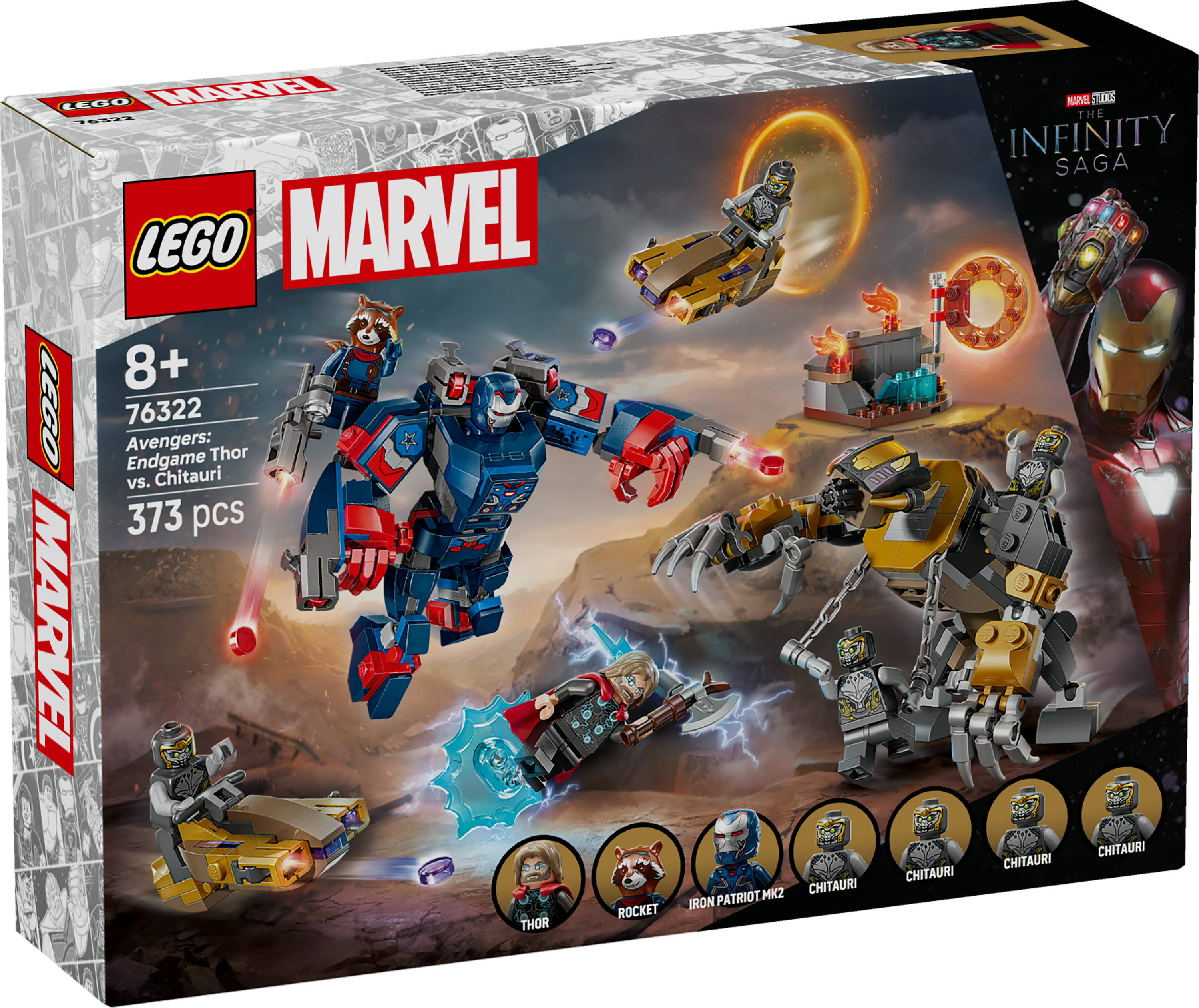 Pudełko Lego z figurkami Avengers. Pokazano Thora, Rocket, Iron Patriot i Chitauri. Scena zawiera roboty i portal.