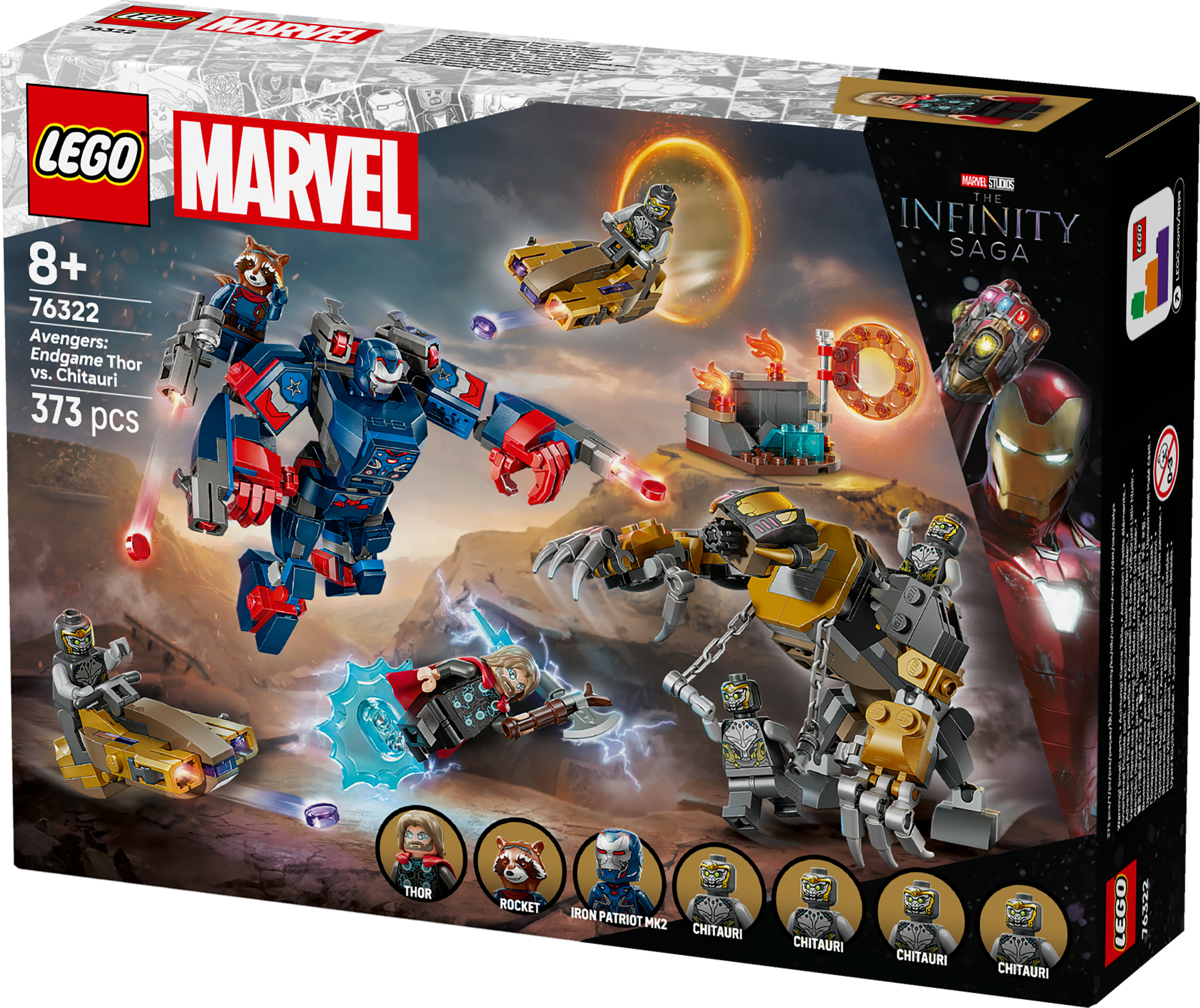 Grafika pudełka Lego z postaciami Avengers, w tym Thorem, Rocketem i Iron Patriottem, walczącymi z Chitauri.