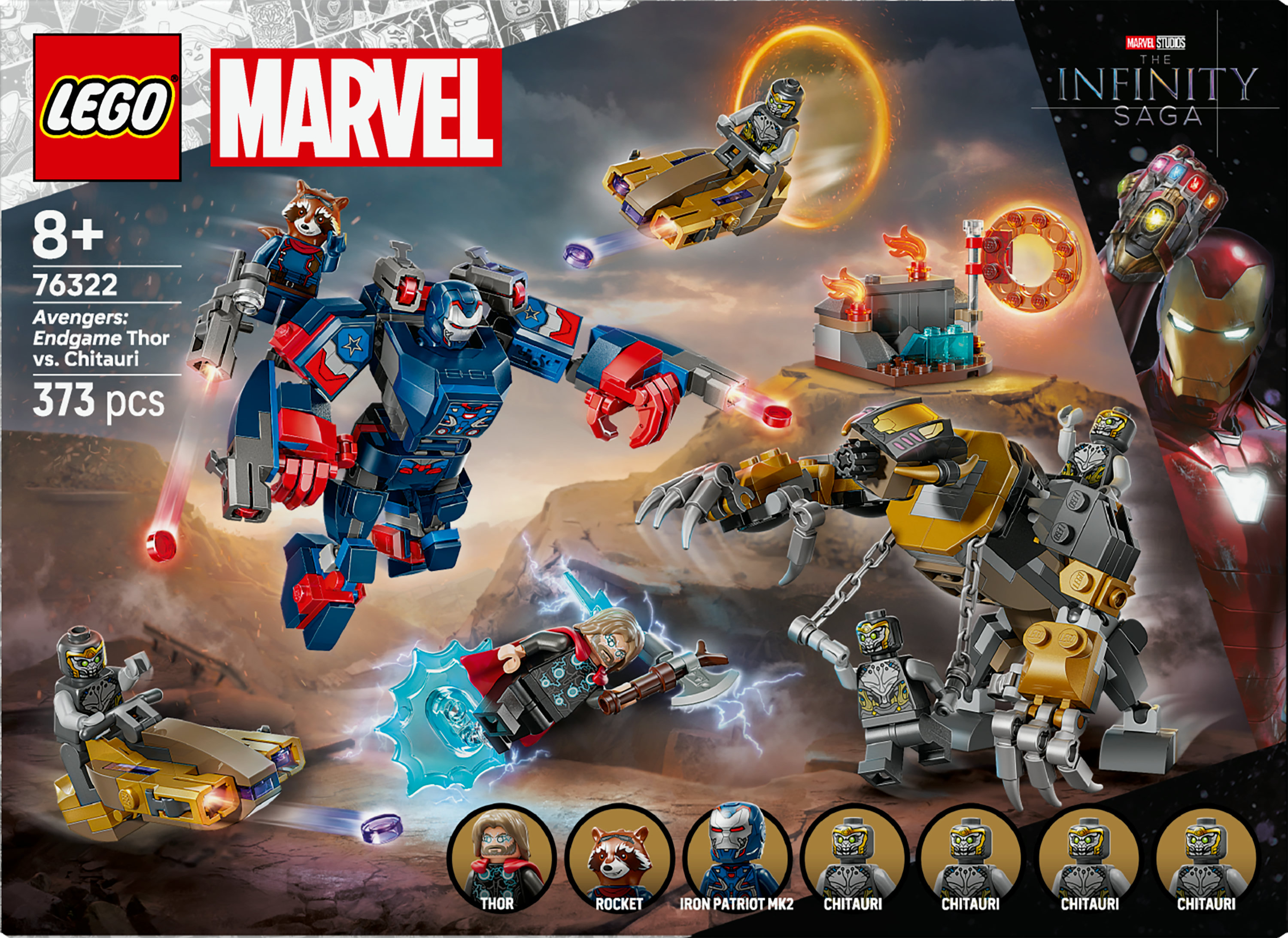 Zestaw LEGO Marvel z postaciami Avengers, Thora, Iron Patriot, Rocket i Chitauri w scenie bitwy.