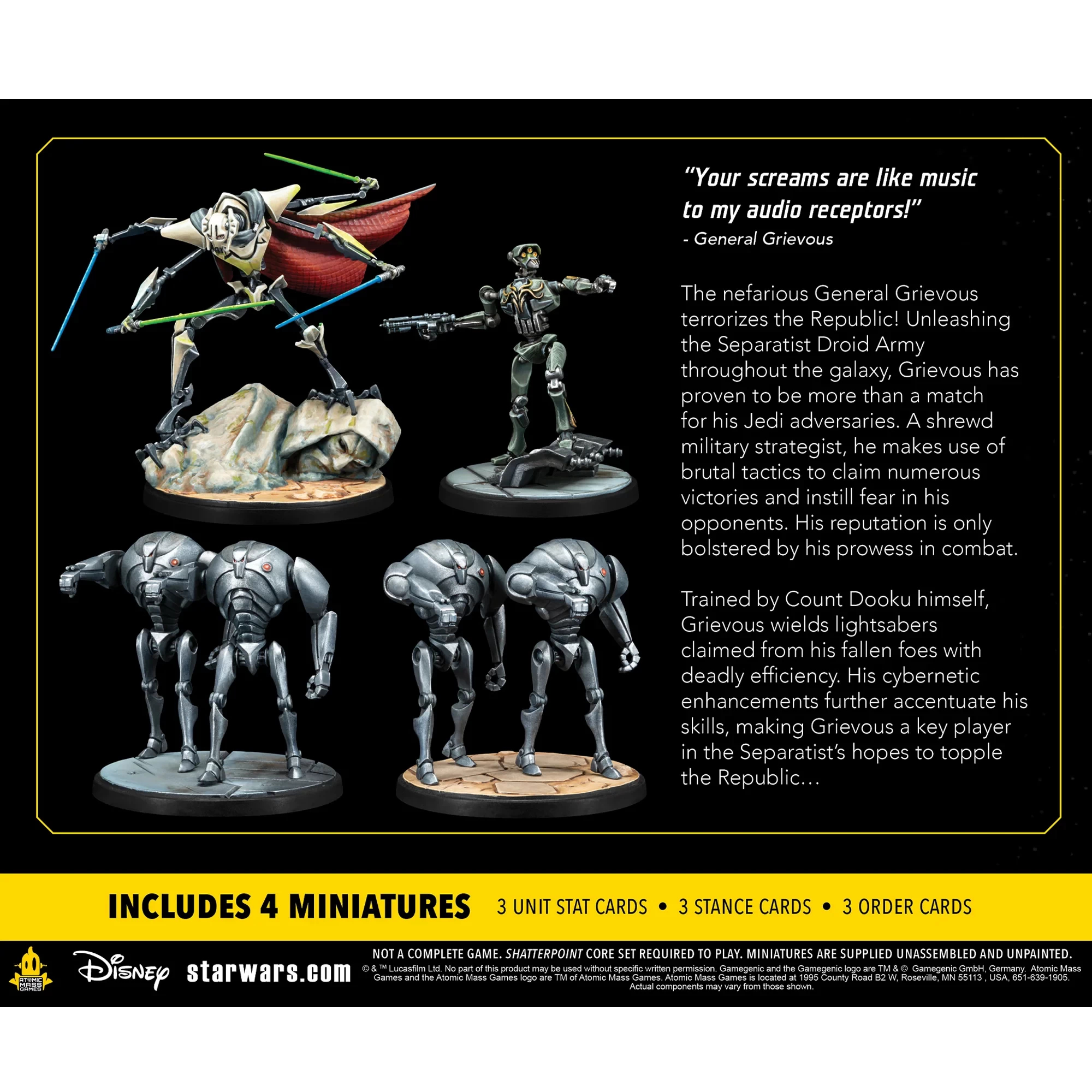 Das Bild zeigt Star Wars-Miniaturen von General Grievous und Kampfdroiden. Es enthält Text und Logos.