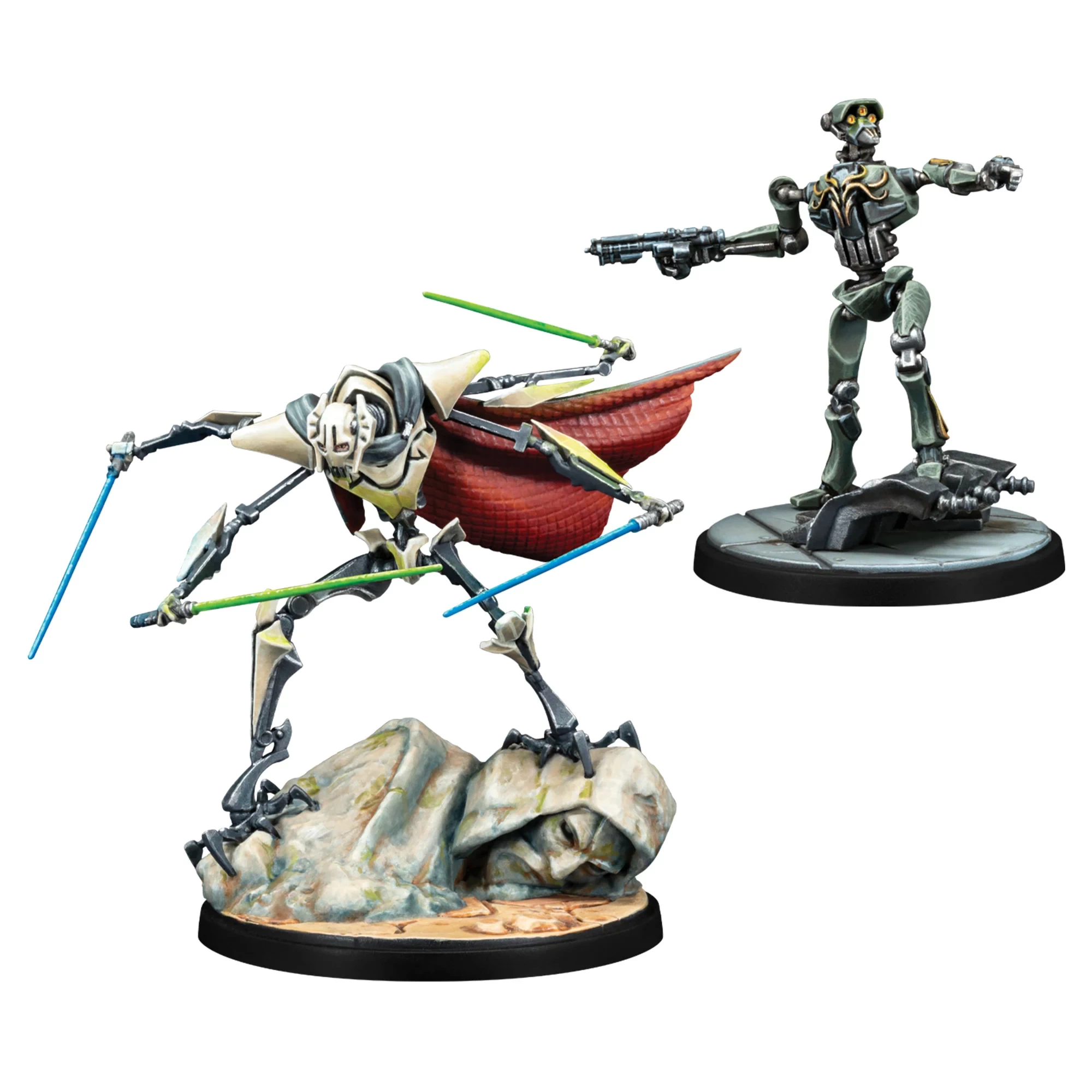 Zwei Roboterfiguren aus Star Wars. Einer schwingt Lichtschwerter, der andere hält eine Pistole.