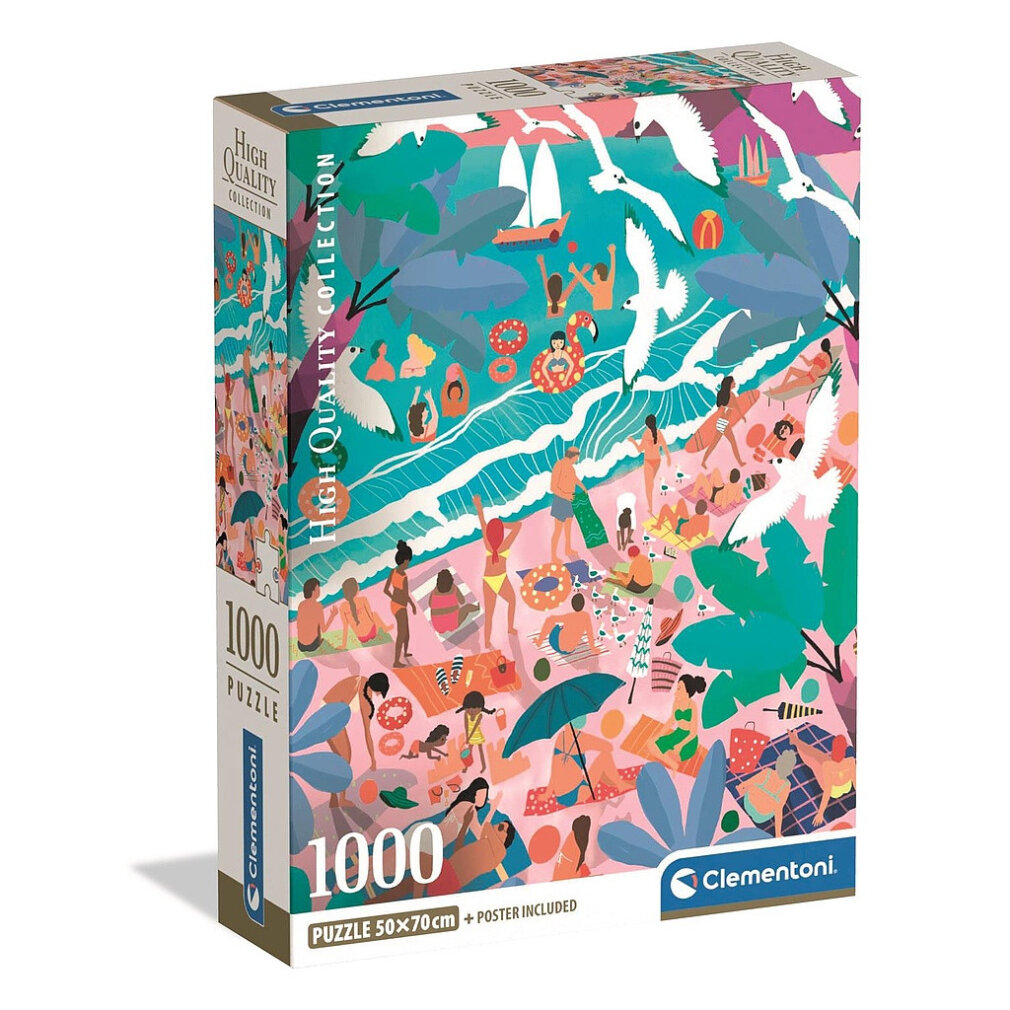 Pudełko z puzzlami przedstawia scenę na plaży z ludźmi, mewami, łodziami i roślinami. Na pudełku napis '1000 puzzle' i 'Clementoni'.