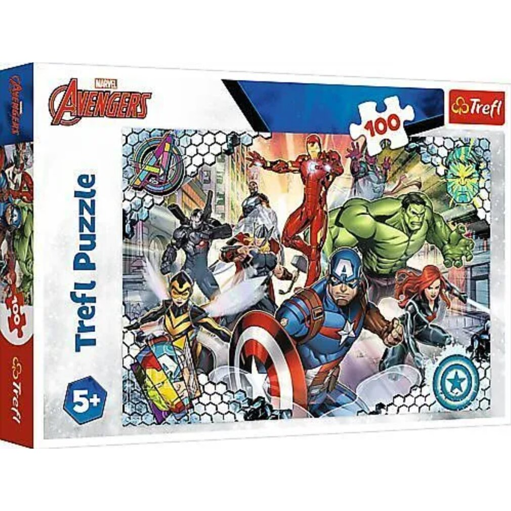 Puzzle box shows Avengers characters: Captain America, Iron Man, Hulk, Black Widow and others. The puzzle is marked as 5+ and 100 pieces.