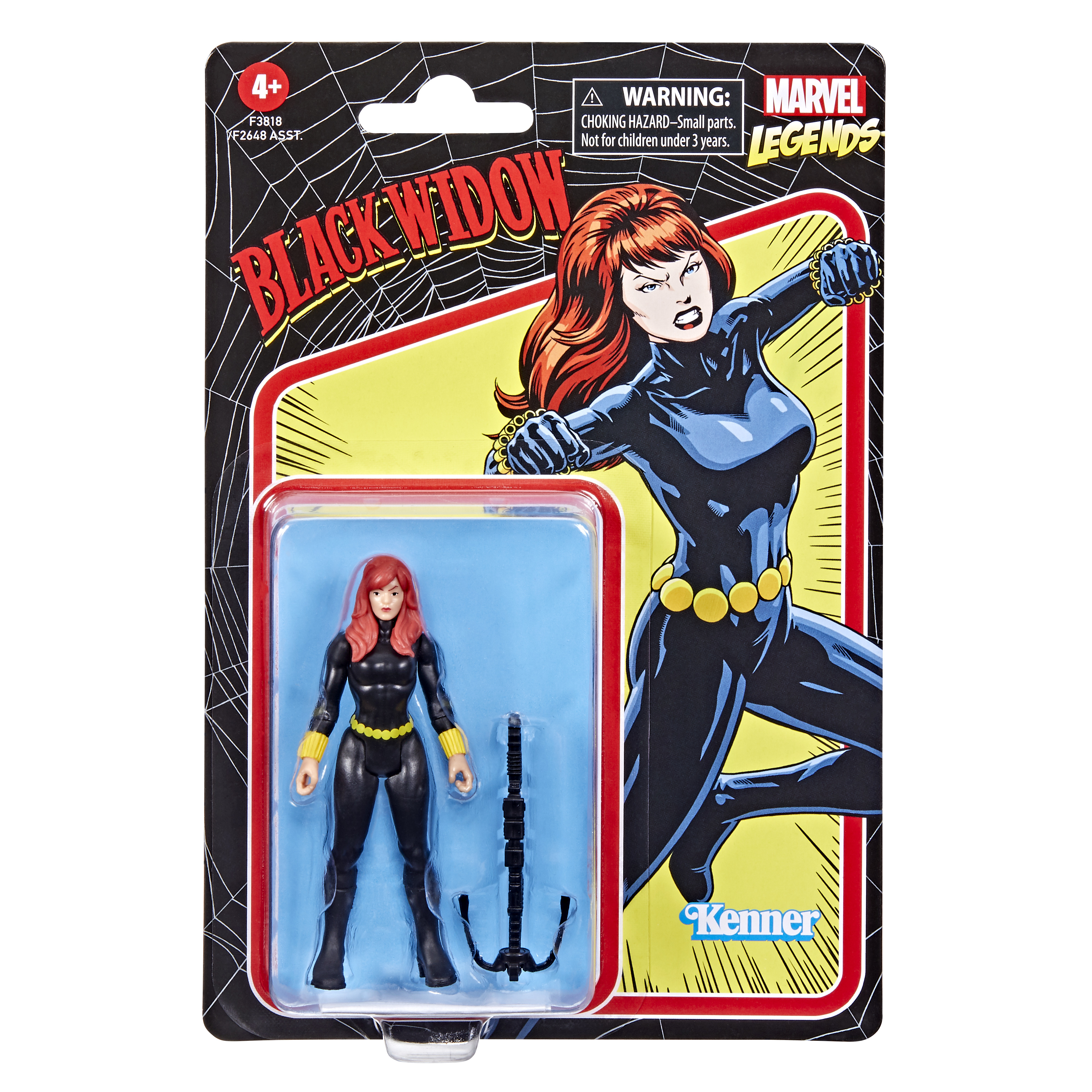 Action figure di Black Widow in una confezione. La confezione ha un'immagine in stile fumetto di Black Widow. La figura include un'arma.