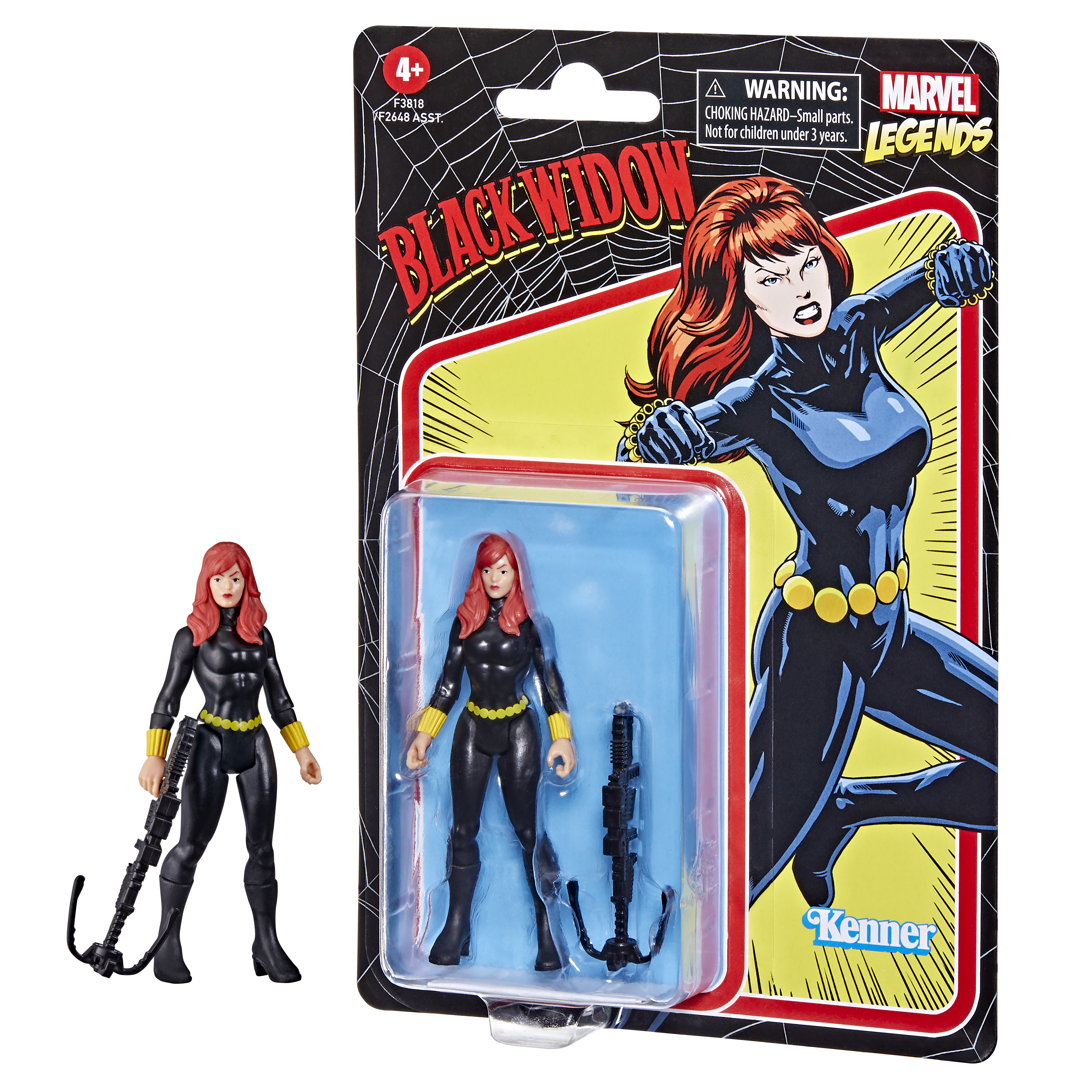 Action figure di Black Widow nella confezione, con stile fumetto. Figura mostrata fuori dalla confezione con pistola.