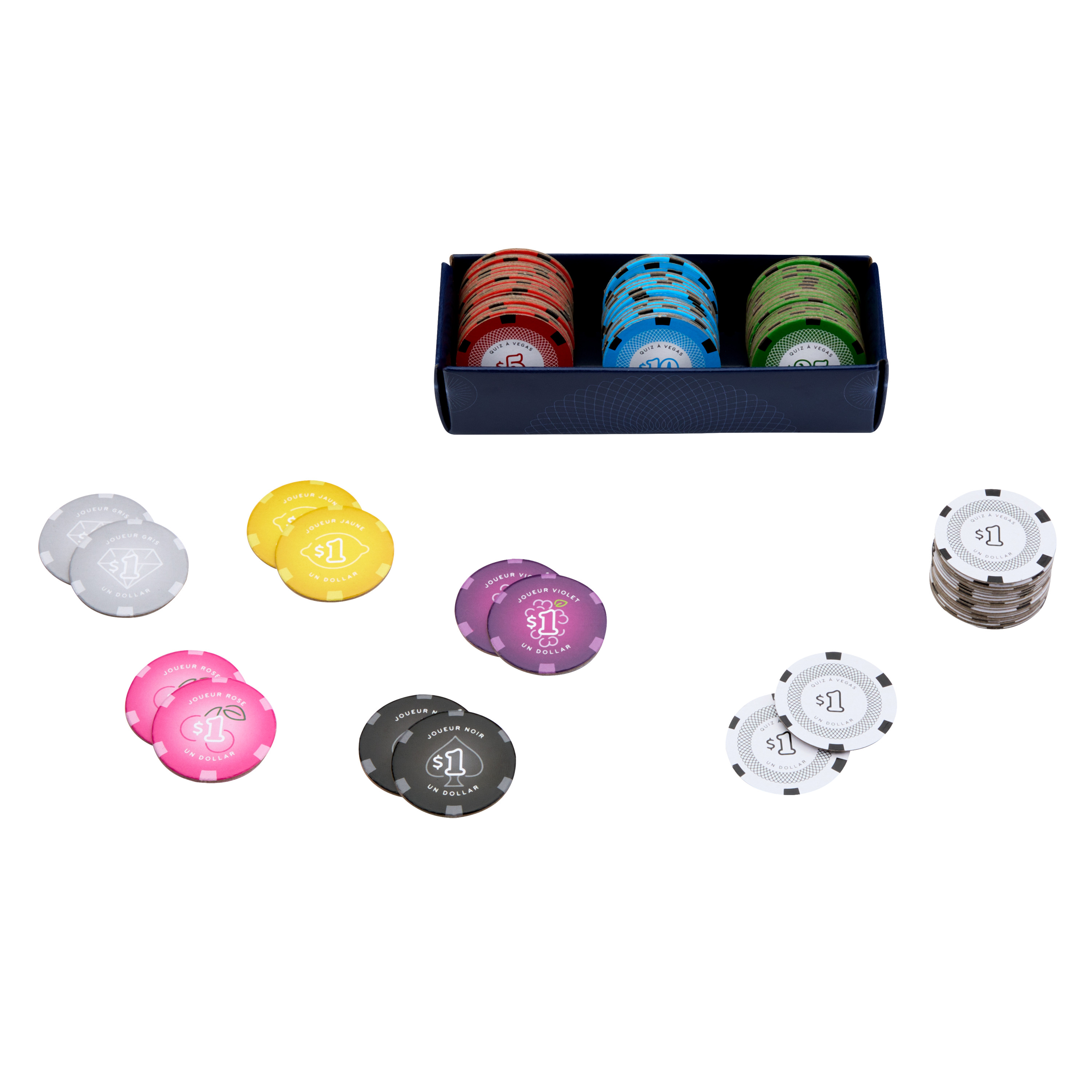 Pokermarker in verschiedenen Farben, einige in einer Box, andere verstreut. Jeder Chip hat ein Dollarzeichen und französischen Text.
