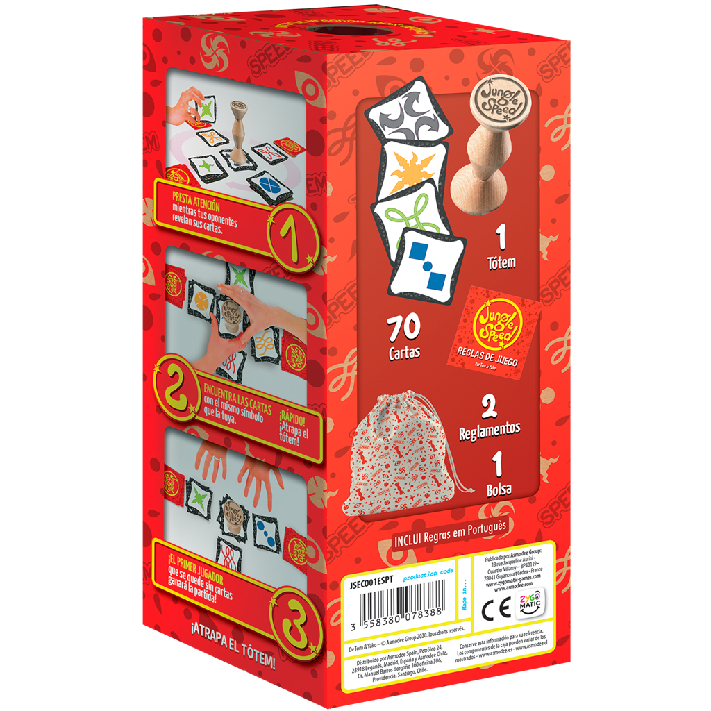 Una caja roja de Jungle Speed con componentes del juego: cartas, un tótem e instrucciones. Ilustraciones muestran el juego.