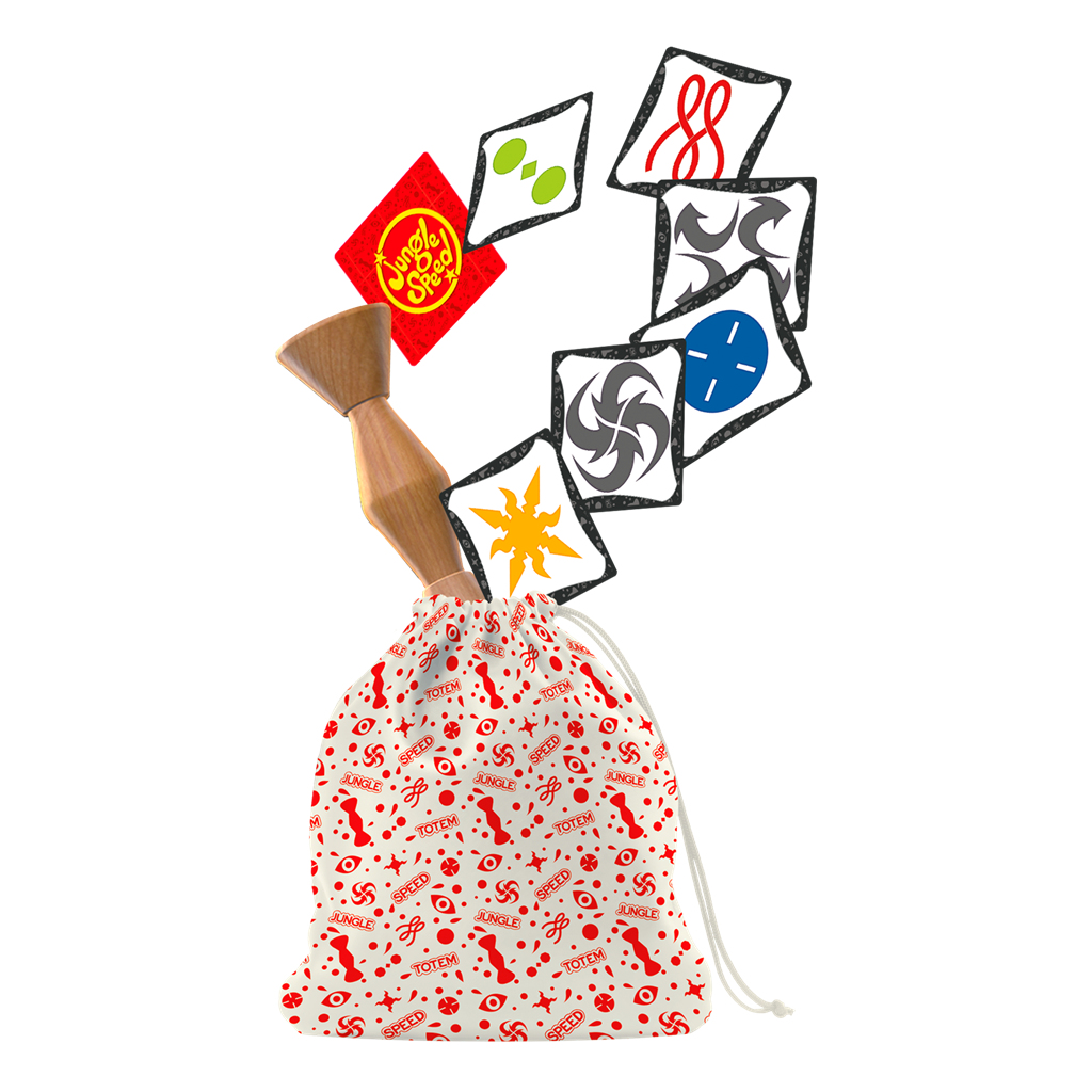 Un juego, 'Jungle Speed', con cartas y un tótem de madera. Las cartas forman un círculo alrededor del tótem. La bolsa es blanca con patrones rojos.