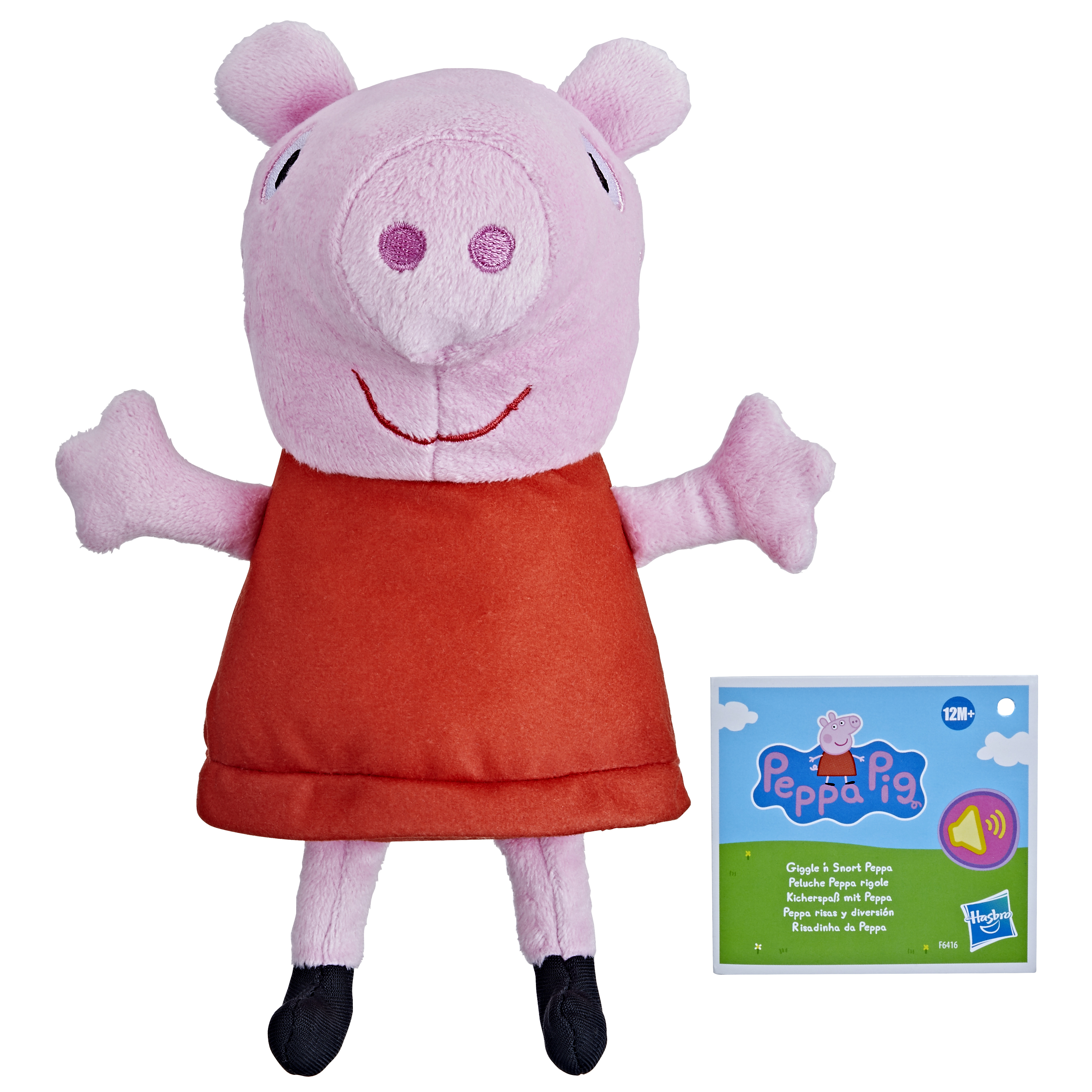 Pluszowa zabawka Peppy, z wyciągniętymi ramionami, w czerwonej sukience. Obok karta z marką Peppa Pig.