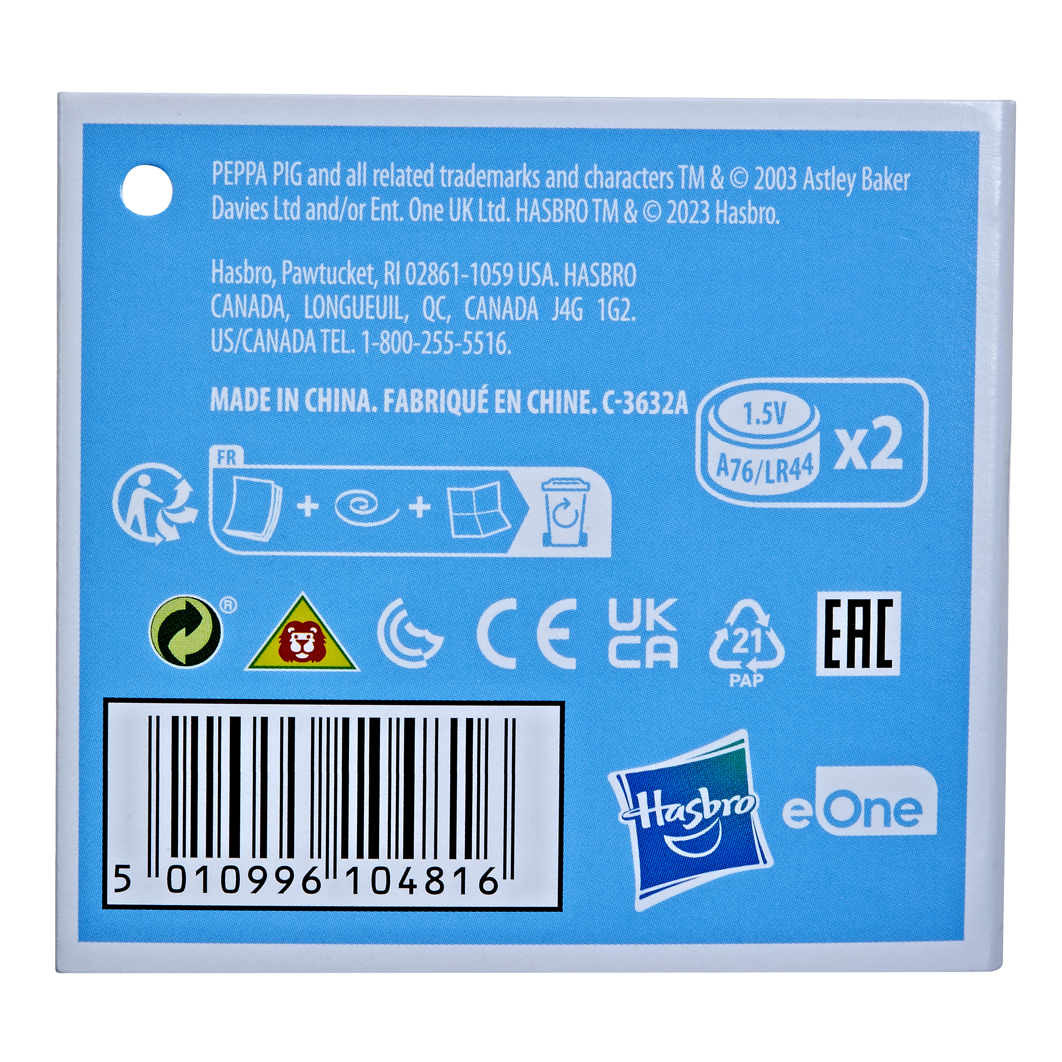 Niebieskie pudełko z tekstem i logo, w tym Hasbro i eOne. Zawiera kod kreskowy i symbole recyklingu.