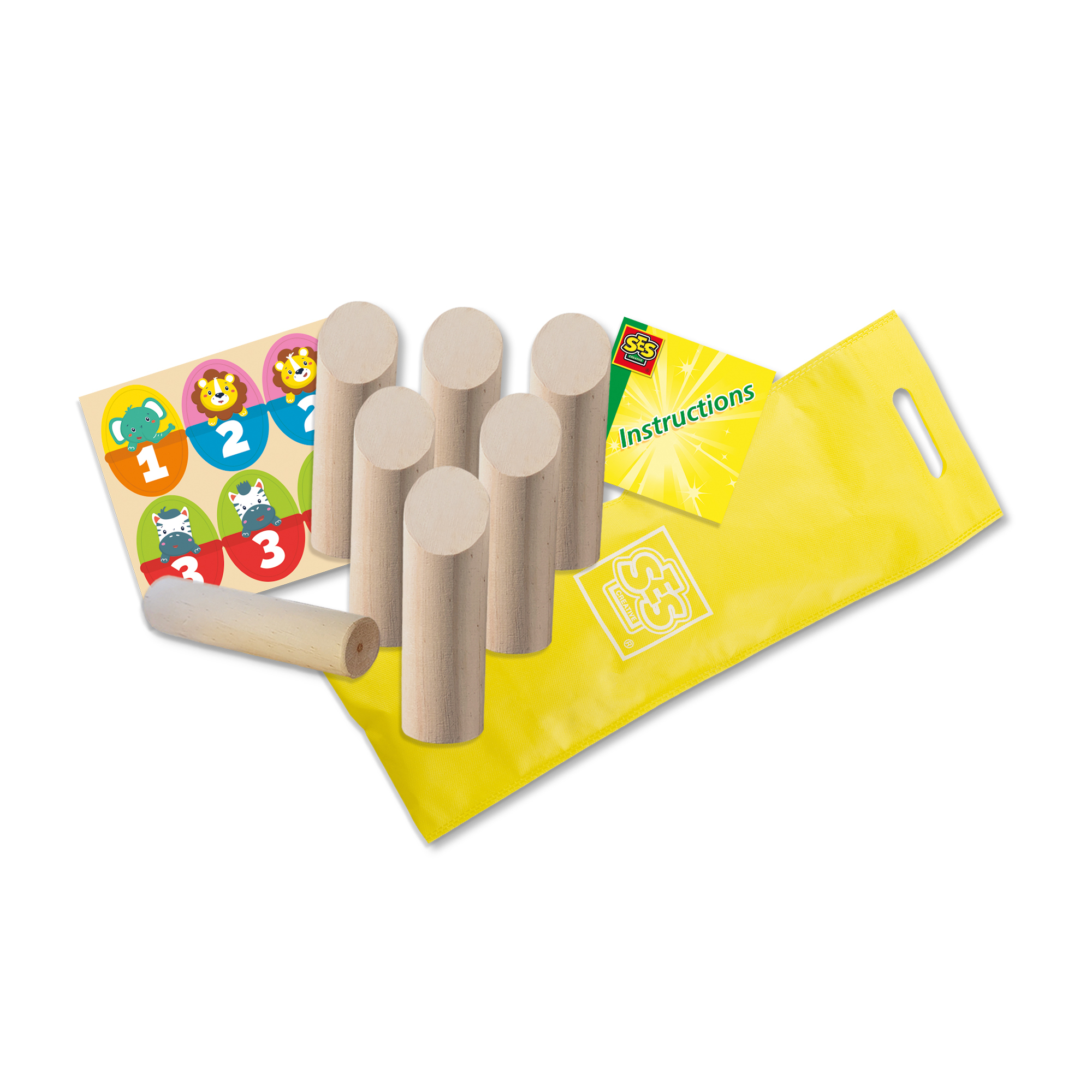 Juego de juguetes de madera con clavijas de animales, tablero numerado, instrucciones y bolsa amarilla.