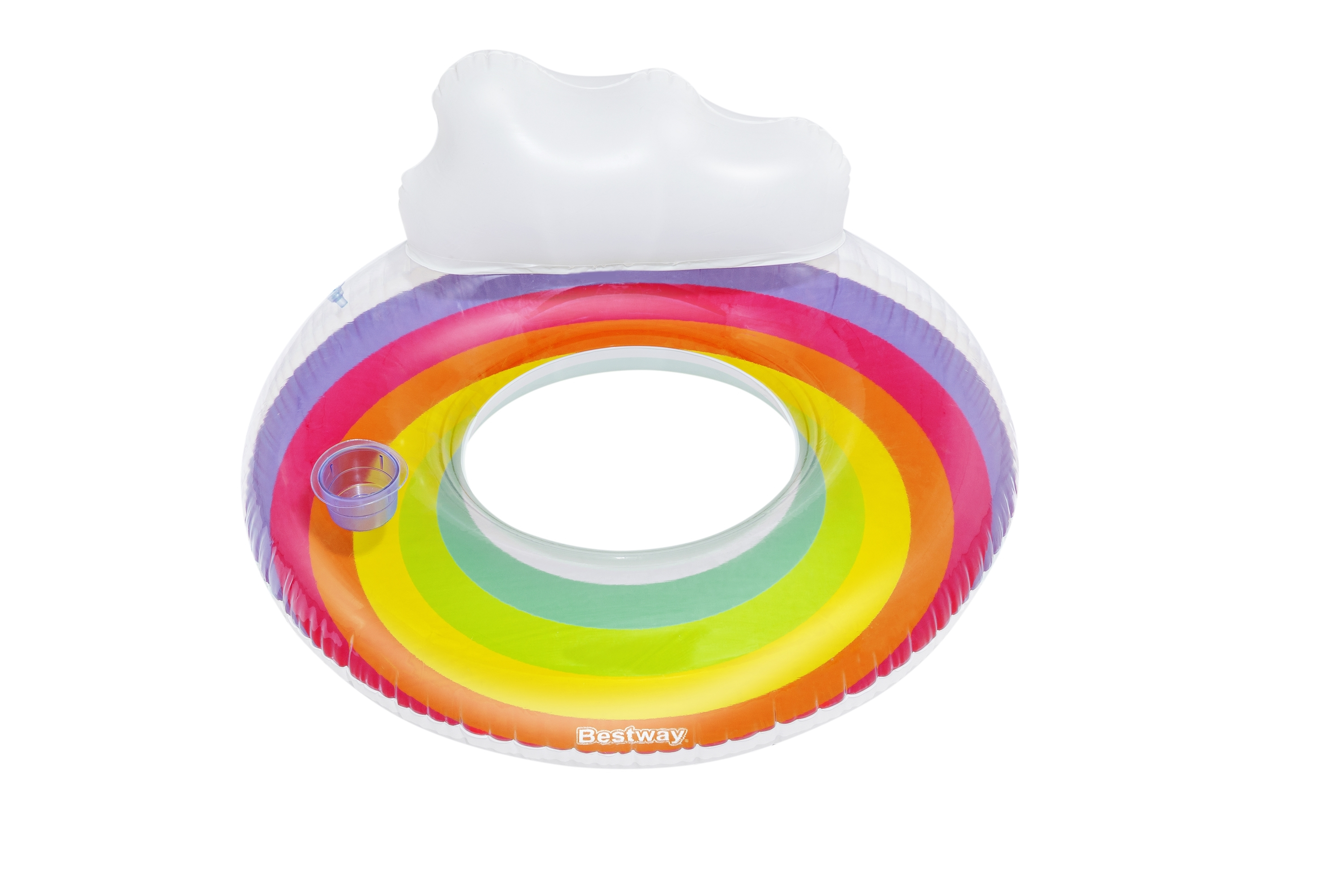 Flotador inflable de piscina arcoíris con reposacabezas de nube blanca y portavasos, fondo blanco.