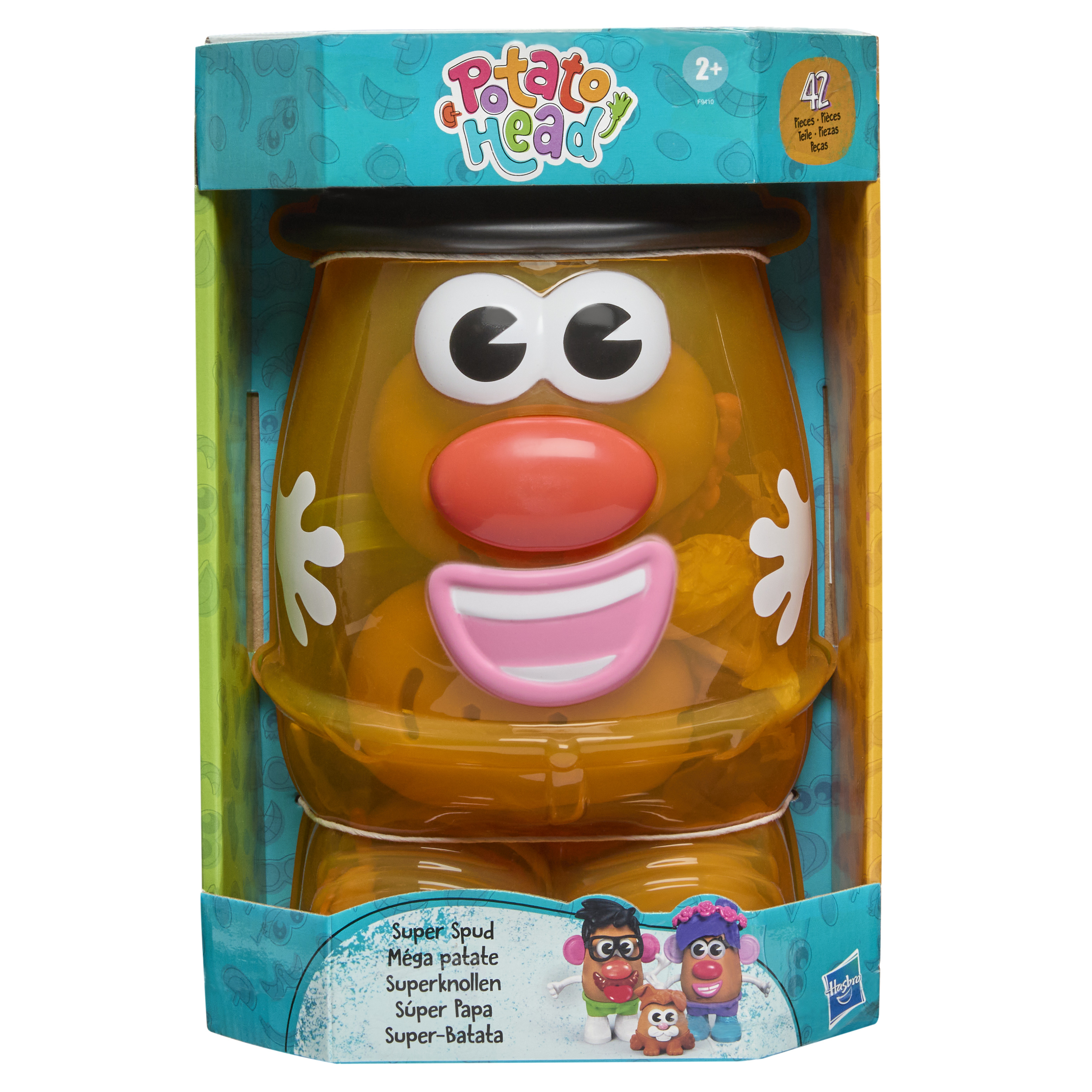 Un juguete de Potato Head en una caja. Tiene nariz y boca rosadas, ojos blancos y un sombrero negro. La caja es azul.