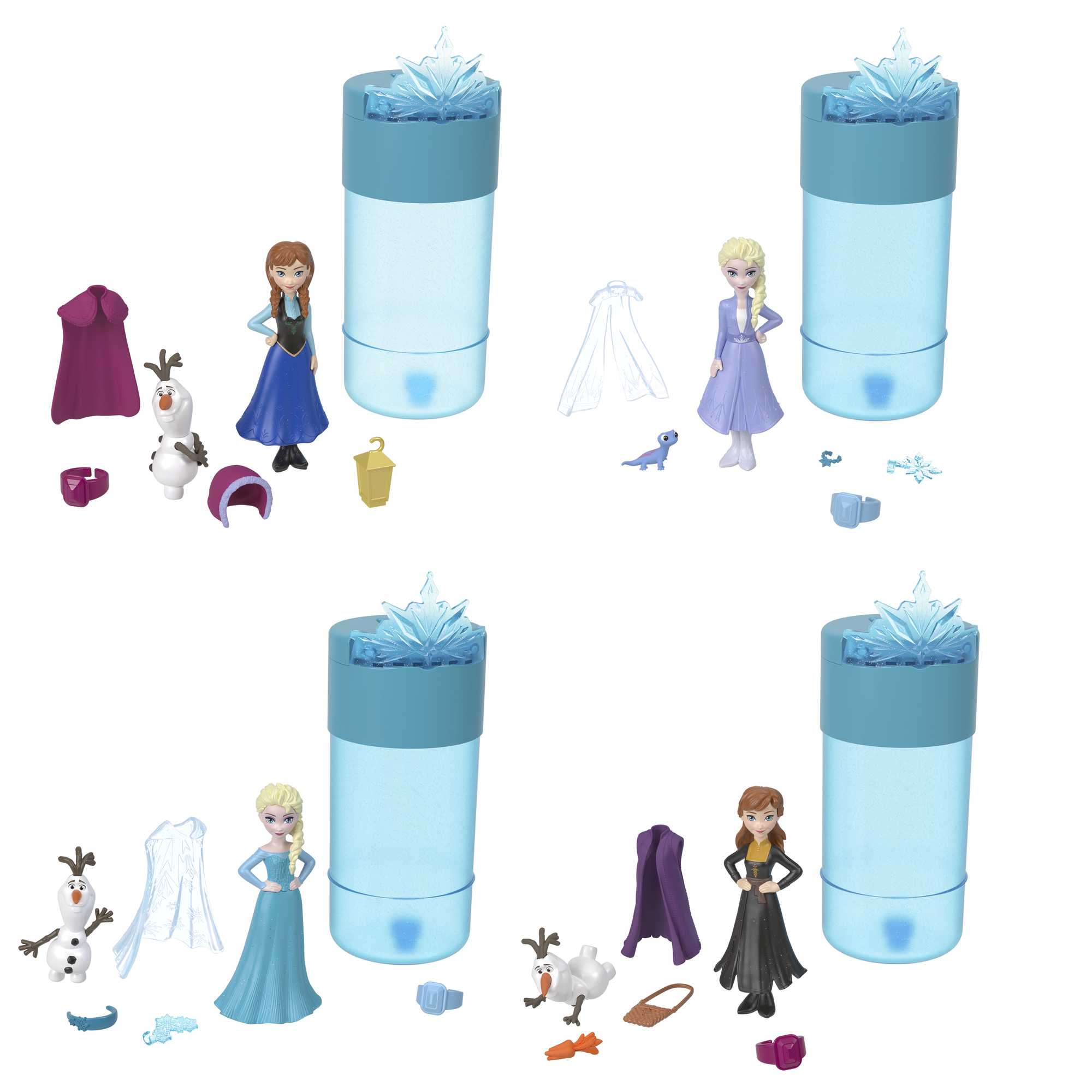 Quattro set di giocattoli con personaggi e accessori di Frozen: Anna, Elsa, Olaf e un contenitore blu con una parte superiore a forma di corona.