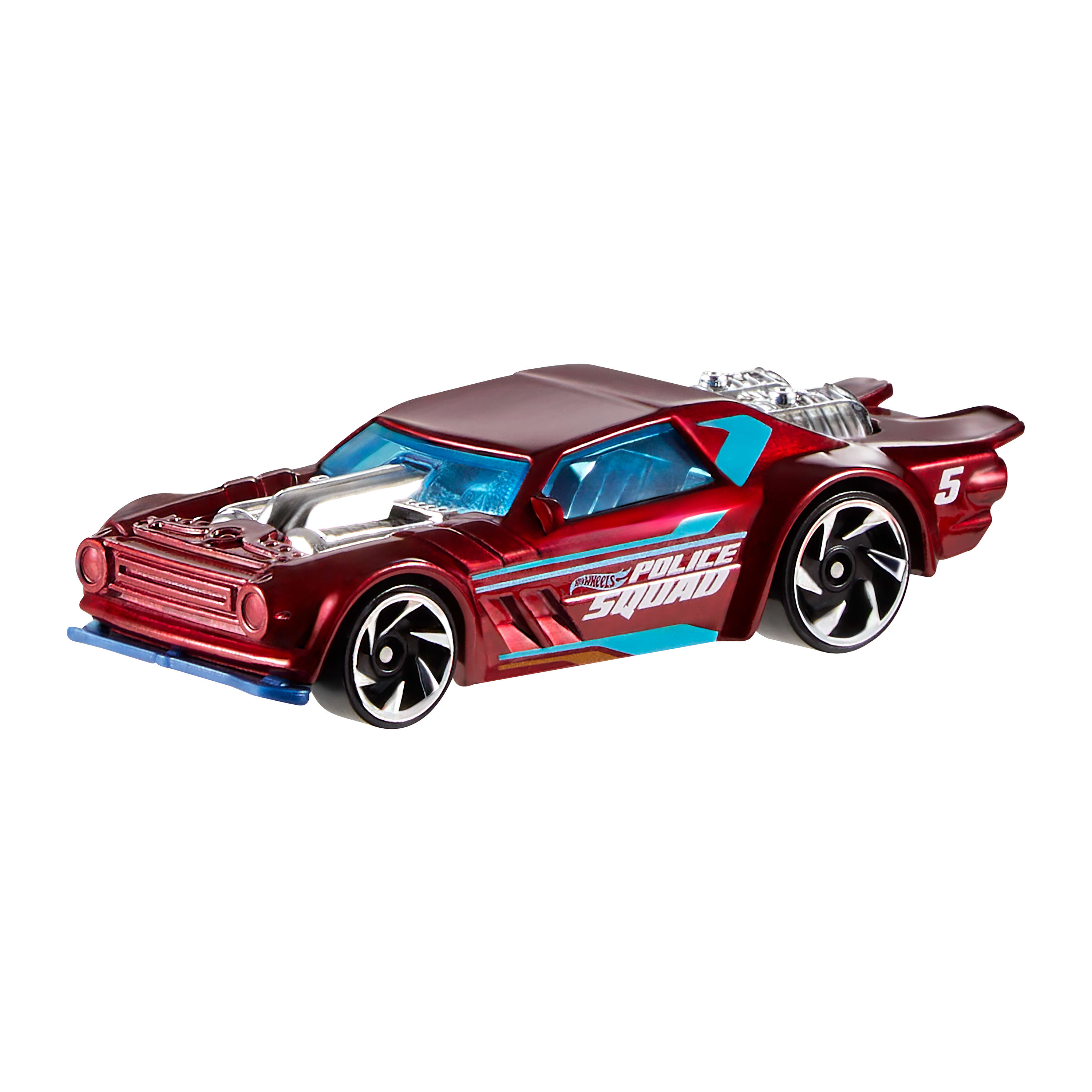 Czerwony samochód Hot Wheels Police Squad z niebieskimi akcentami, czarnymi kołami i numerem 5.