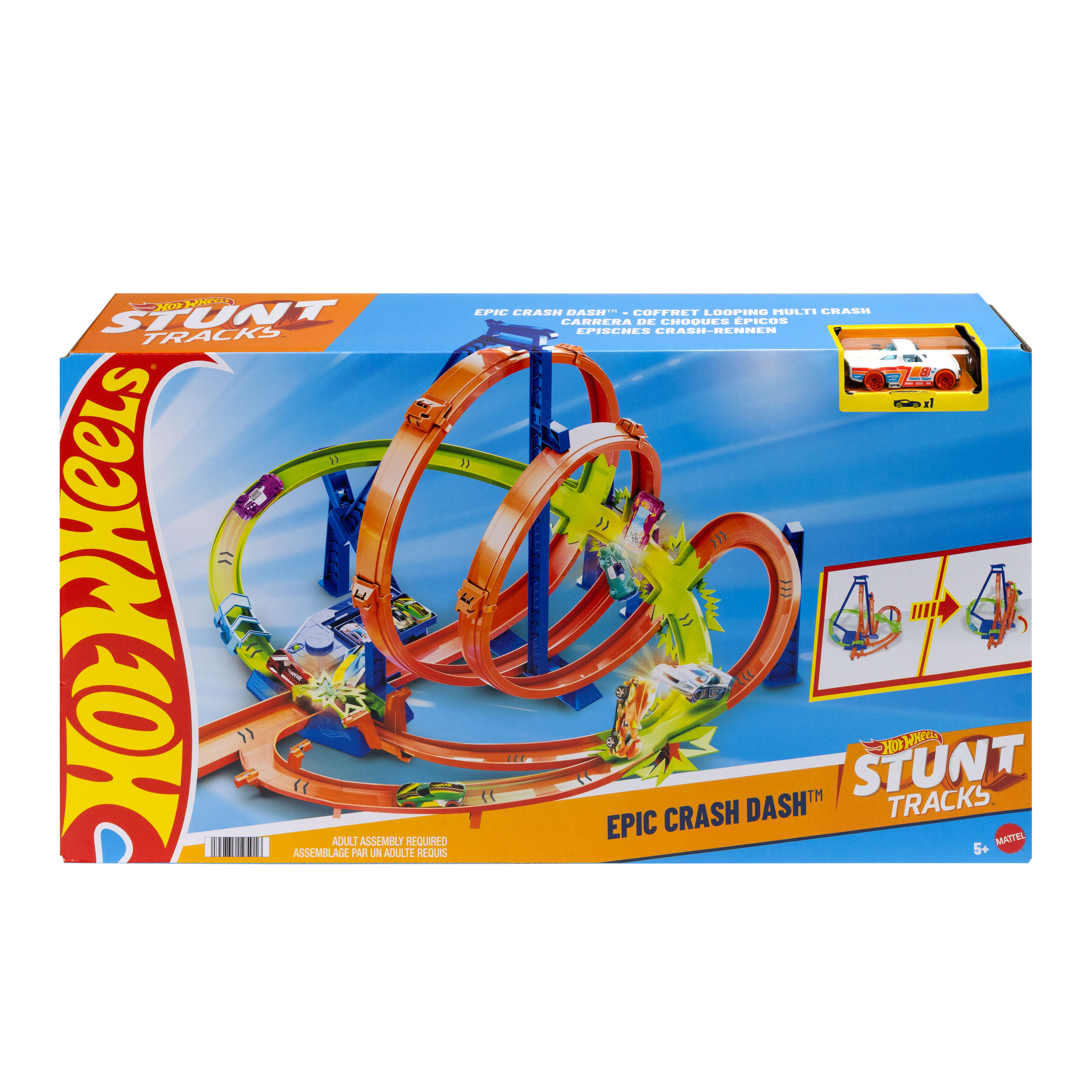 Pudełko z torami kaskaderskimi Hot Wheels. Pokazuje pętle toru z zabawkami w akcji. Opakowanie jest niebiesko-pomarańczowe.