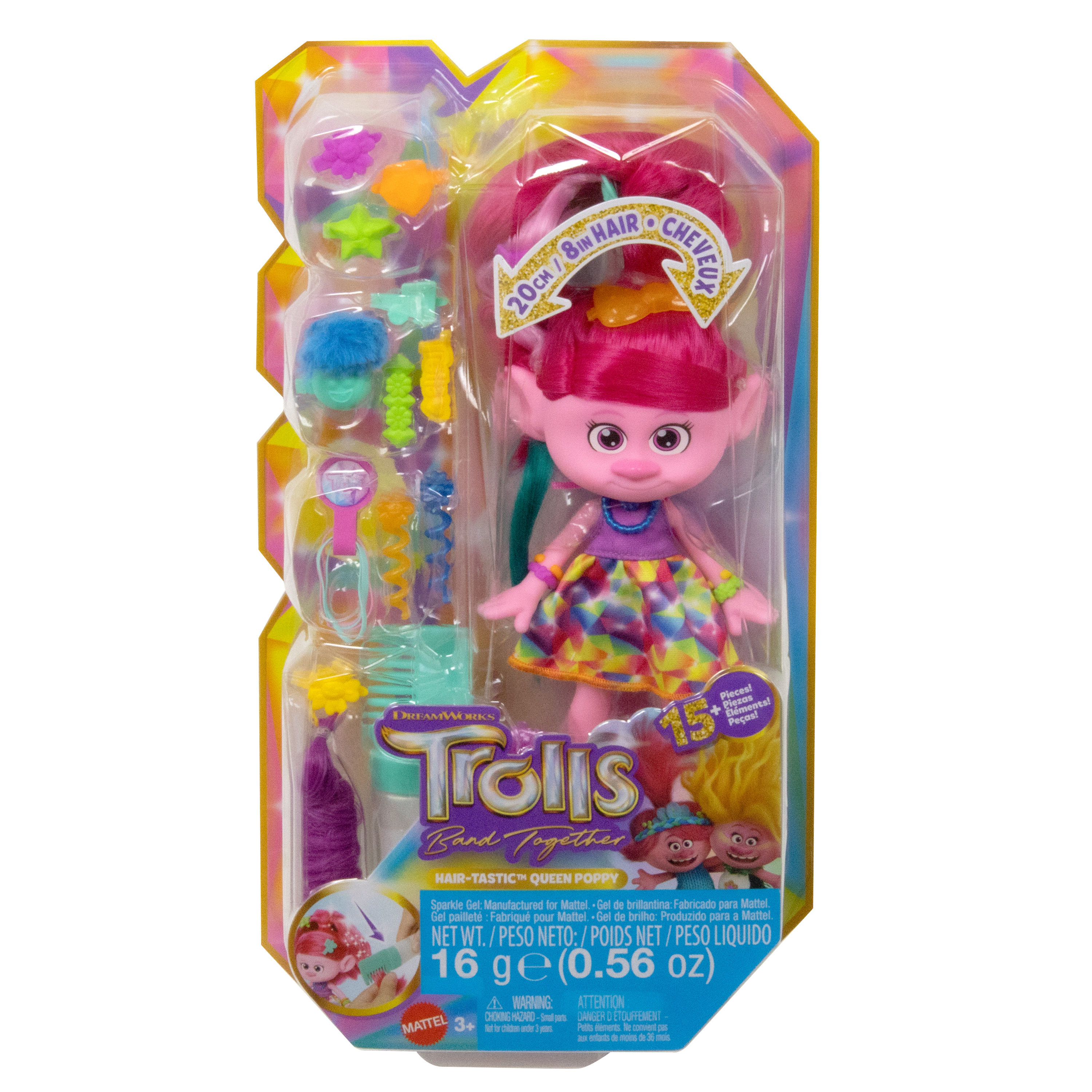 Eine Trolls Queen Poppy-Puppe in einer Verpackung. Sie hat pinkes Haar und trägt ein buntes Kleid. Zubehör ist enthalten.