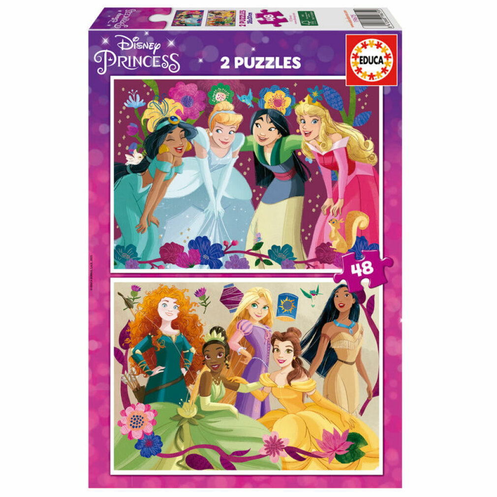 Pudełko z puzzlami Disney Princess z dwoma obrazkami księżniczek. Górny obrazek przedstawia Jasmine, Kopciuszka, Mulan i Aurorę.