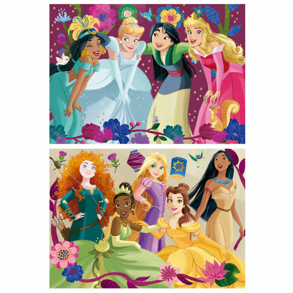 Dwa panele: księżniczki Disneya uśmiechają się. U góry: Jasmine, Kopciuszek, Mulan, Aurora. Na dole: Merida, Tiana, Roszpunka, Bella, Pocahontas.