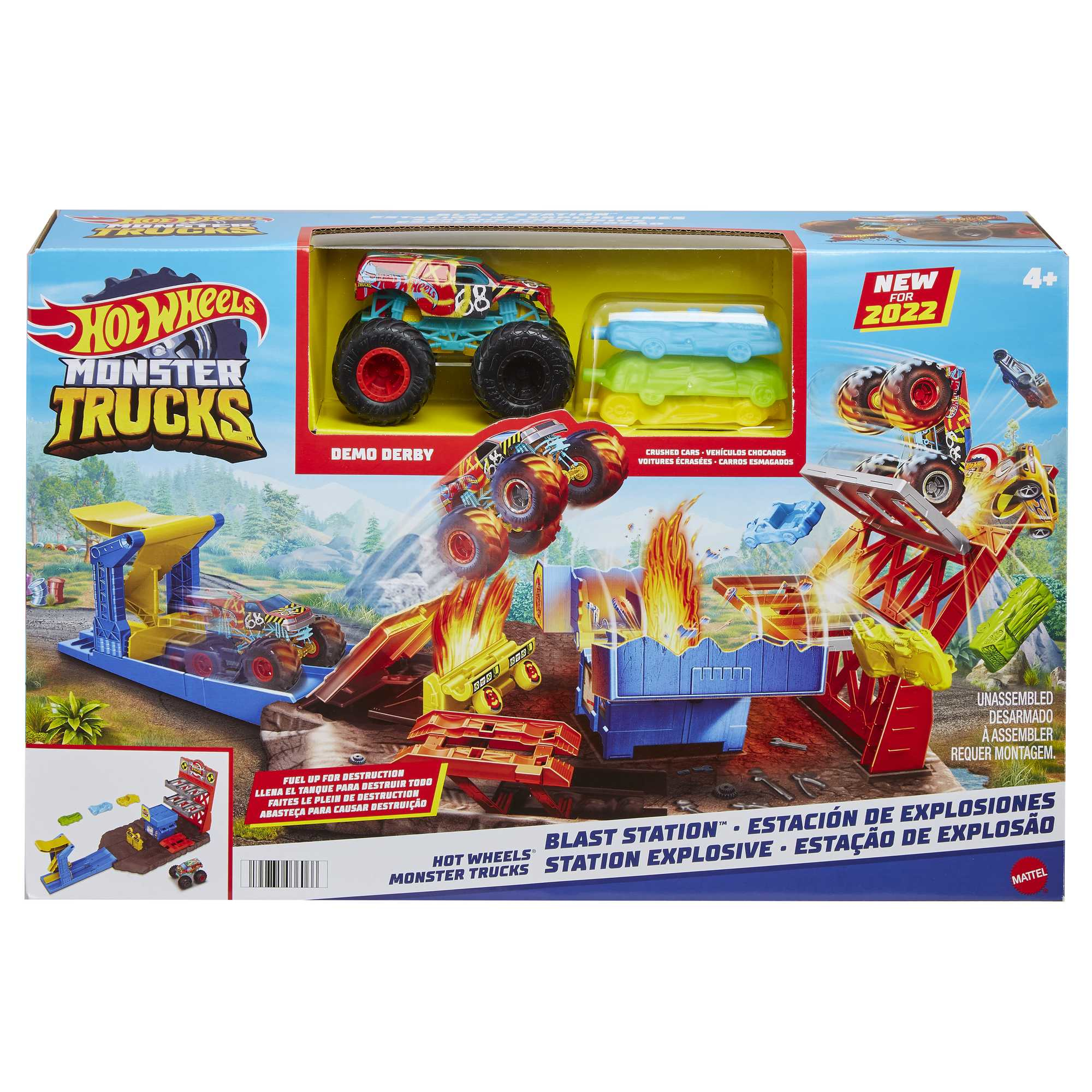 Zestaw do zabawy Hot Wheels Monster Trucks Blast Station. Zawiera ciężarówkę, obszar startowy i efekty eksplozji na kolorowym pudełku.