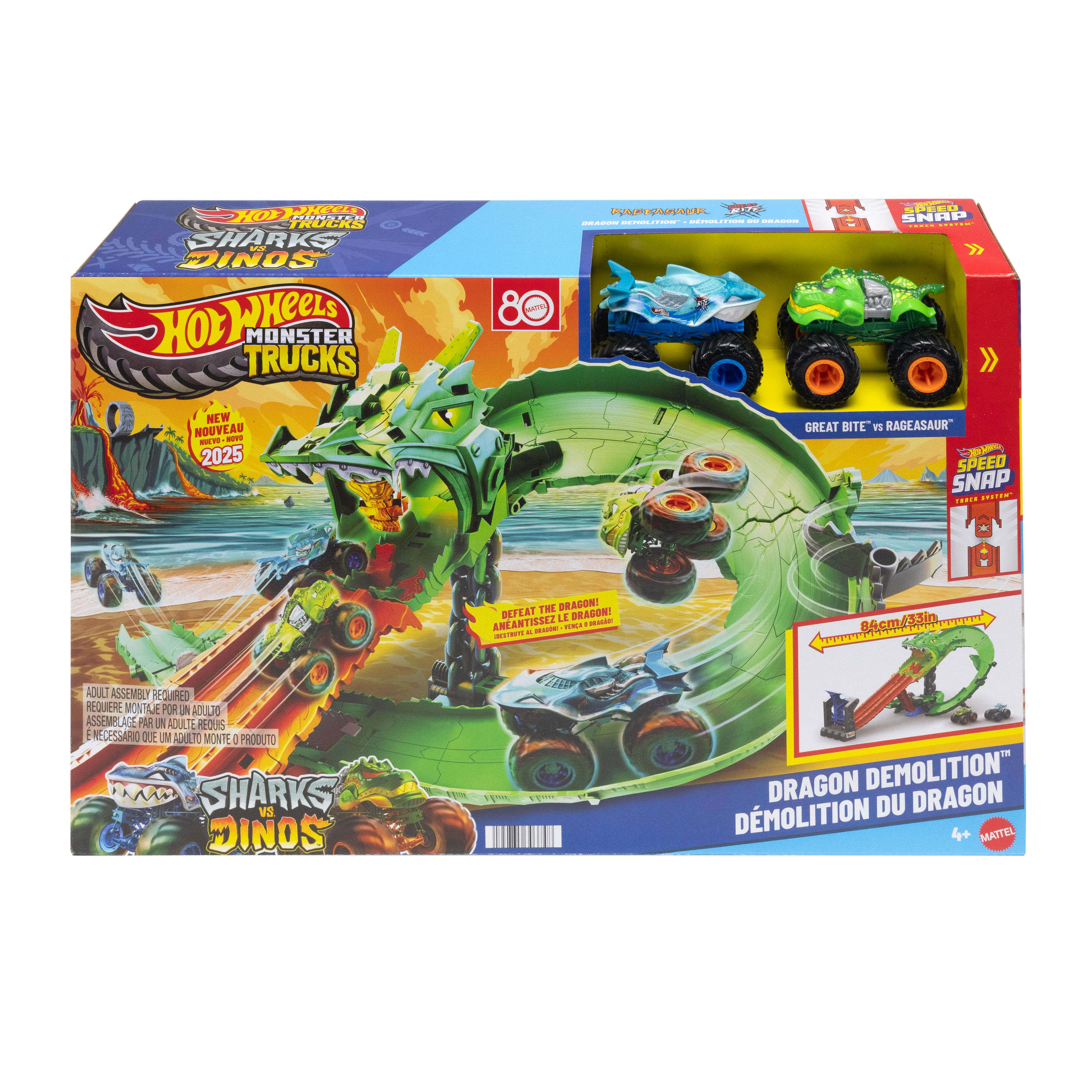 Grafika pudełka dla Hot Wheels Monster Trucks, z torem tematycznym smoka, monster truckami i tekstem 'Dragon Demolition'.