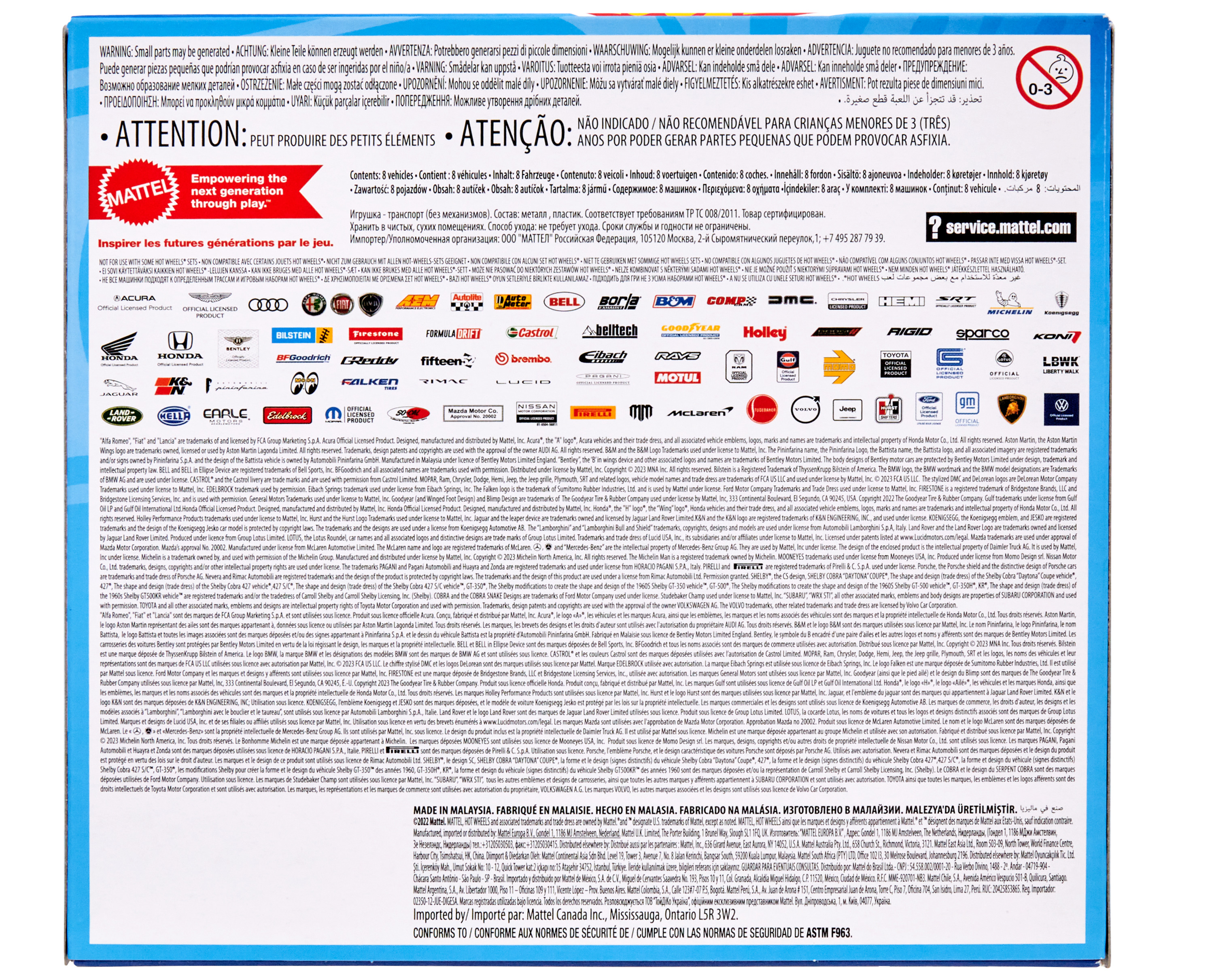 Pudełko z logo Mattel, tekstem ostrzeżenia i różnymi logo marek, z markami samochodów i zawartością zabawek.