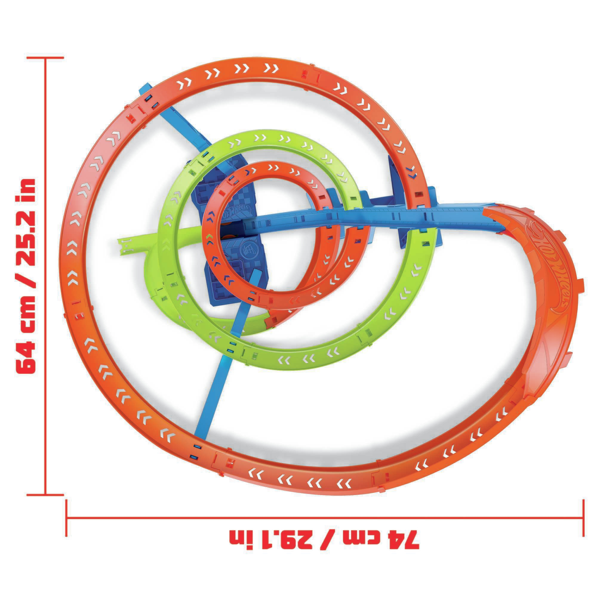 Zestaw torów Hot Wheels. Pomarańczowe, zielone i niebieskie pętle i elementy toru ułożone okręg.