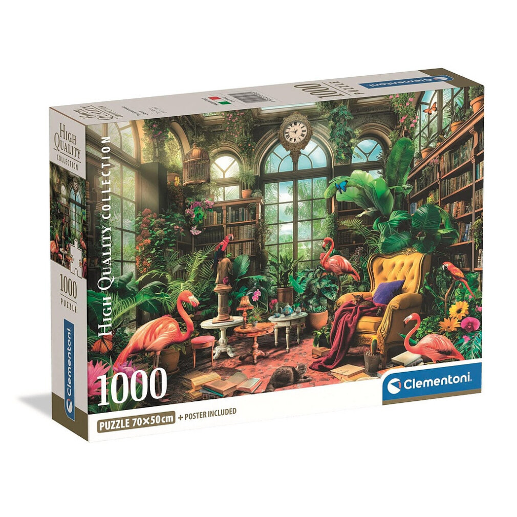 Caja de rompecabezas. Escena interior con flamencos, plantas y un reloj. Estanterías, sillón, mesas pequeñas y ventana con vista.