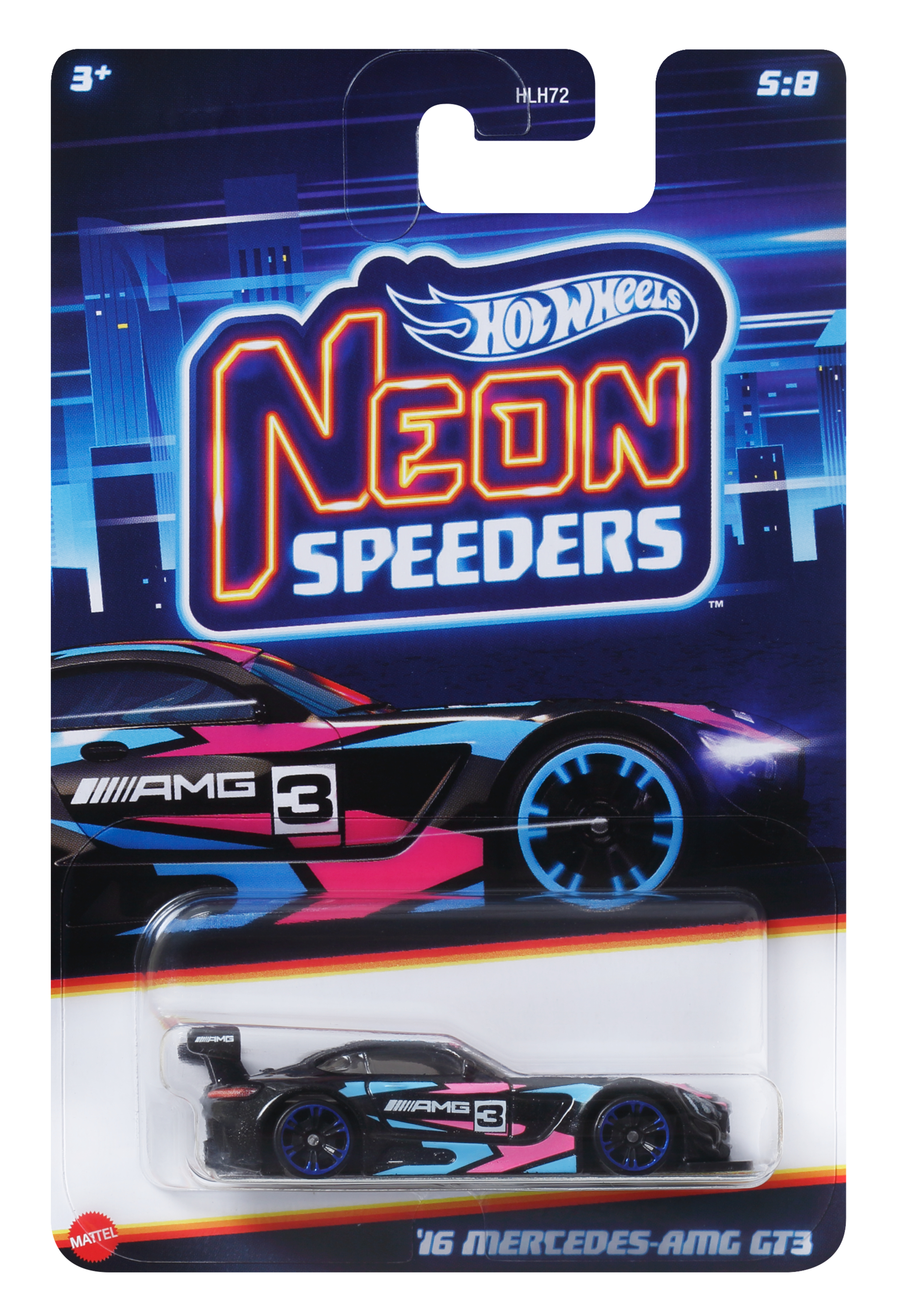 Zabawkowe auto Hot Wheels Neon Speeders na niebieskim tle. Samochód jest czarny z różowymi i niebieskimi akcentami.