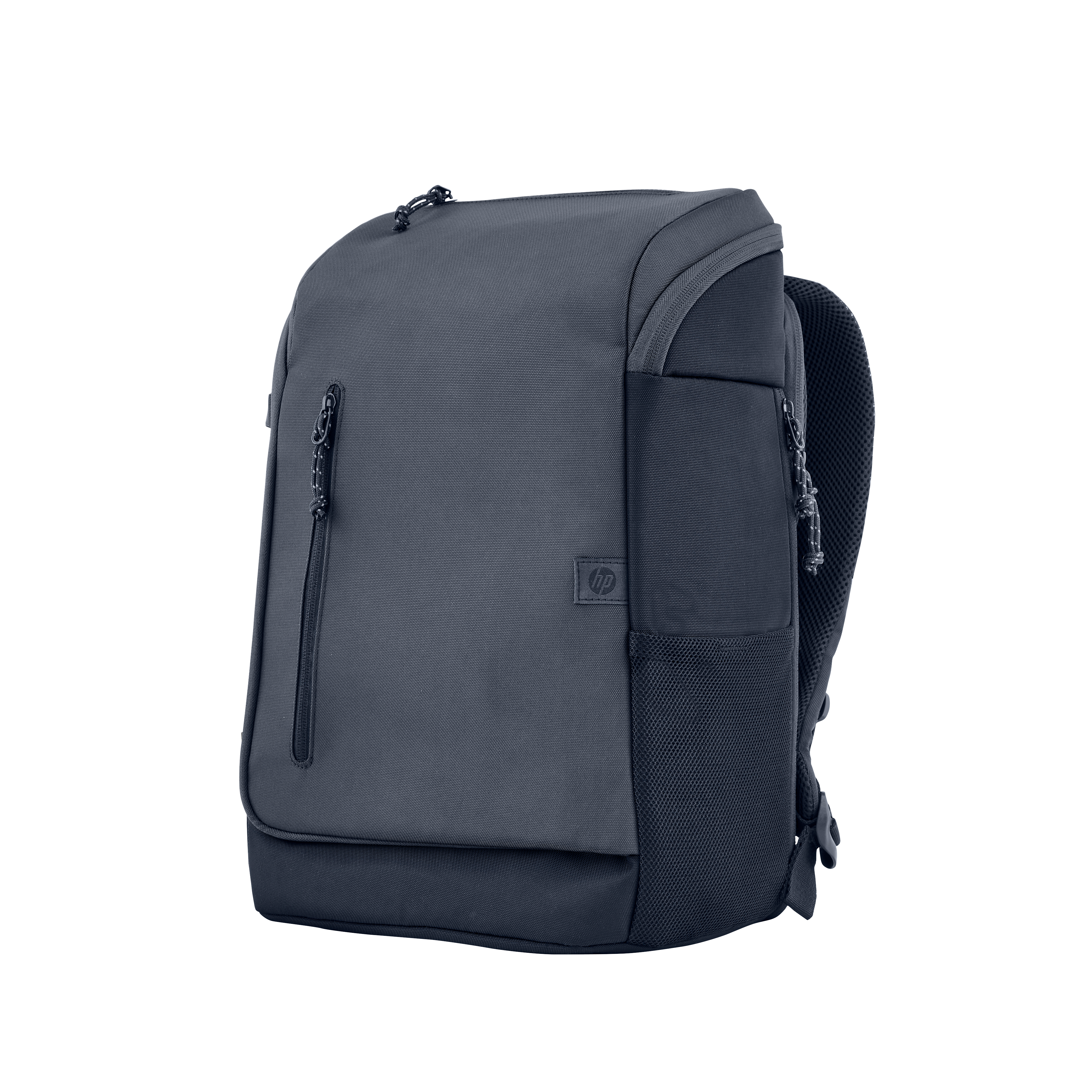 Ein dunkelblauer HP-Rucksack. Er hat mehrere Fächer und Reißverschlüsse. Der Hintergrund ist weiß.
