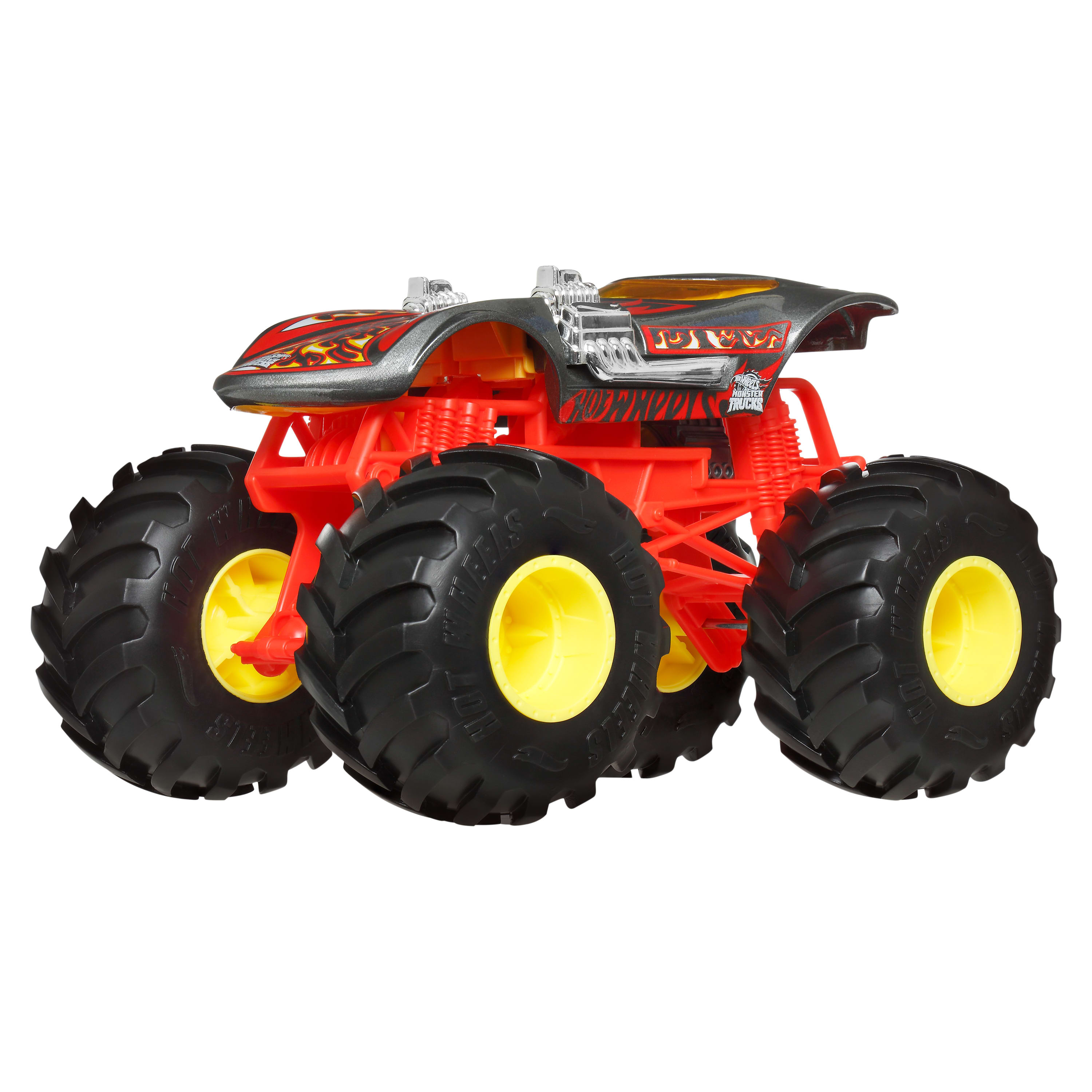 Ein rot-schwarzes Hot Wheels Monstertruck-Spielzeug mit großen schwarzen Reifen und gelben Felgen. Es hat ein Flammenmuster.