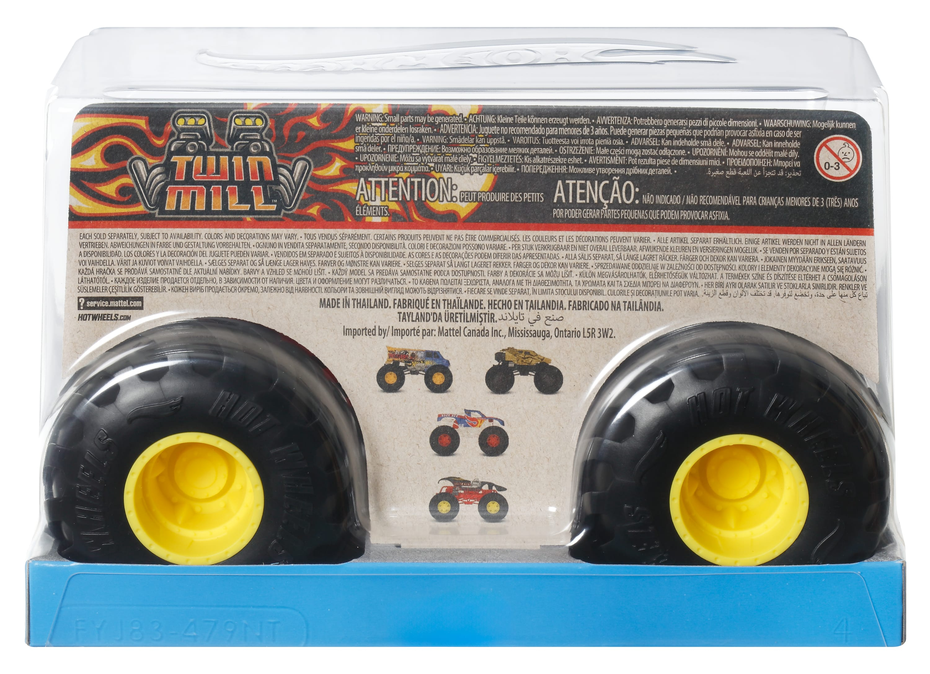 Spielzeugverpackung mit Monstertruck-Reifen, gelben Felgen und kleinem Spielzeugauto.
