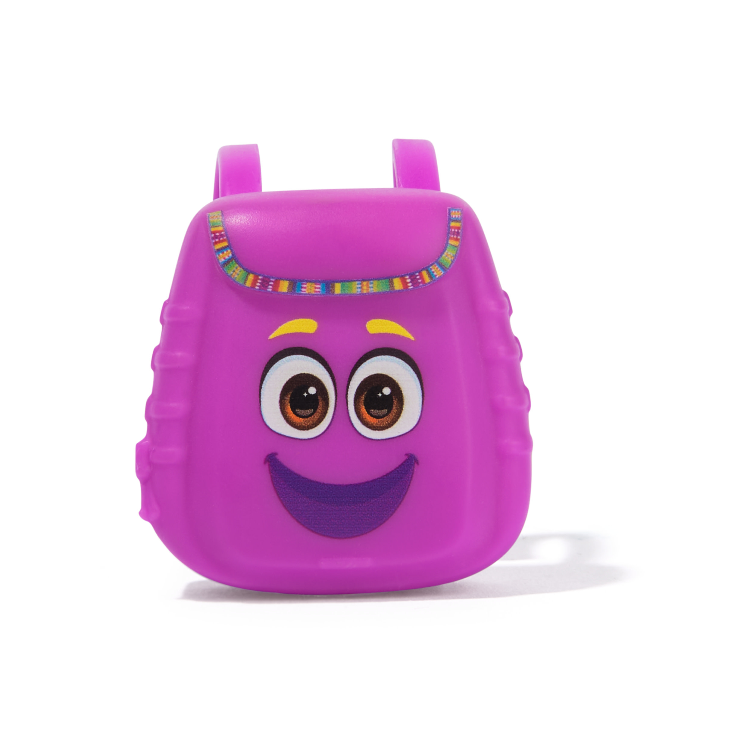 Un juguete de mochila morada con una cara sonriente. Tiene ojos marrones, cejas amarillas y boca morada.