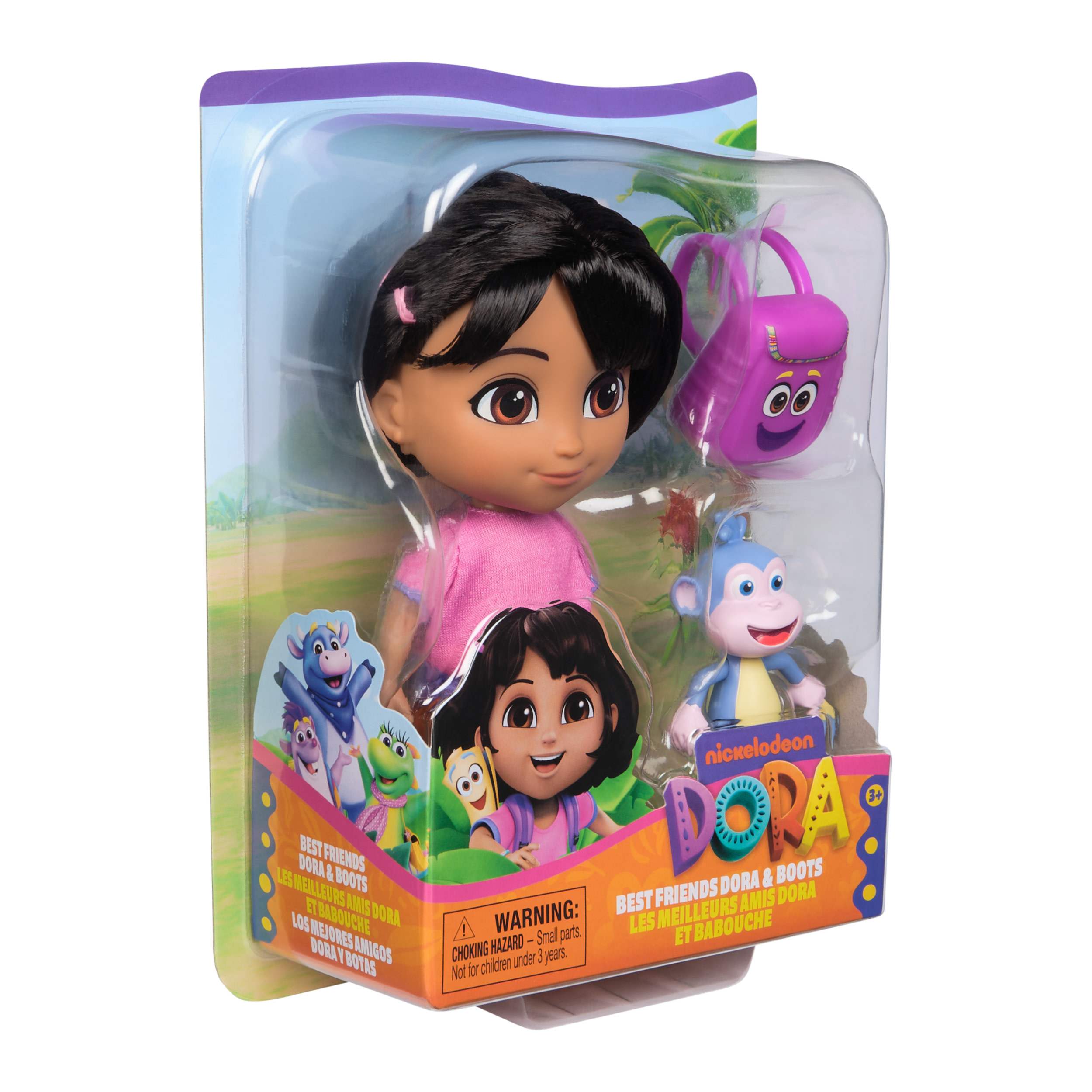 Muñeca de Dora la Exploradora en empaque, con Botas y una mochila morada. La caja dice 'Best Friends Dora & Boots'.