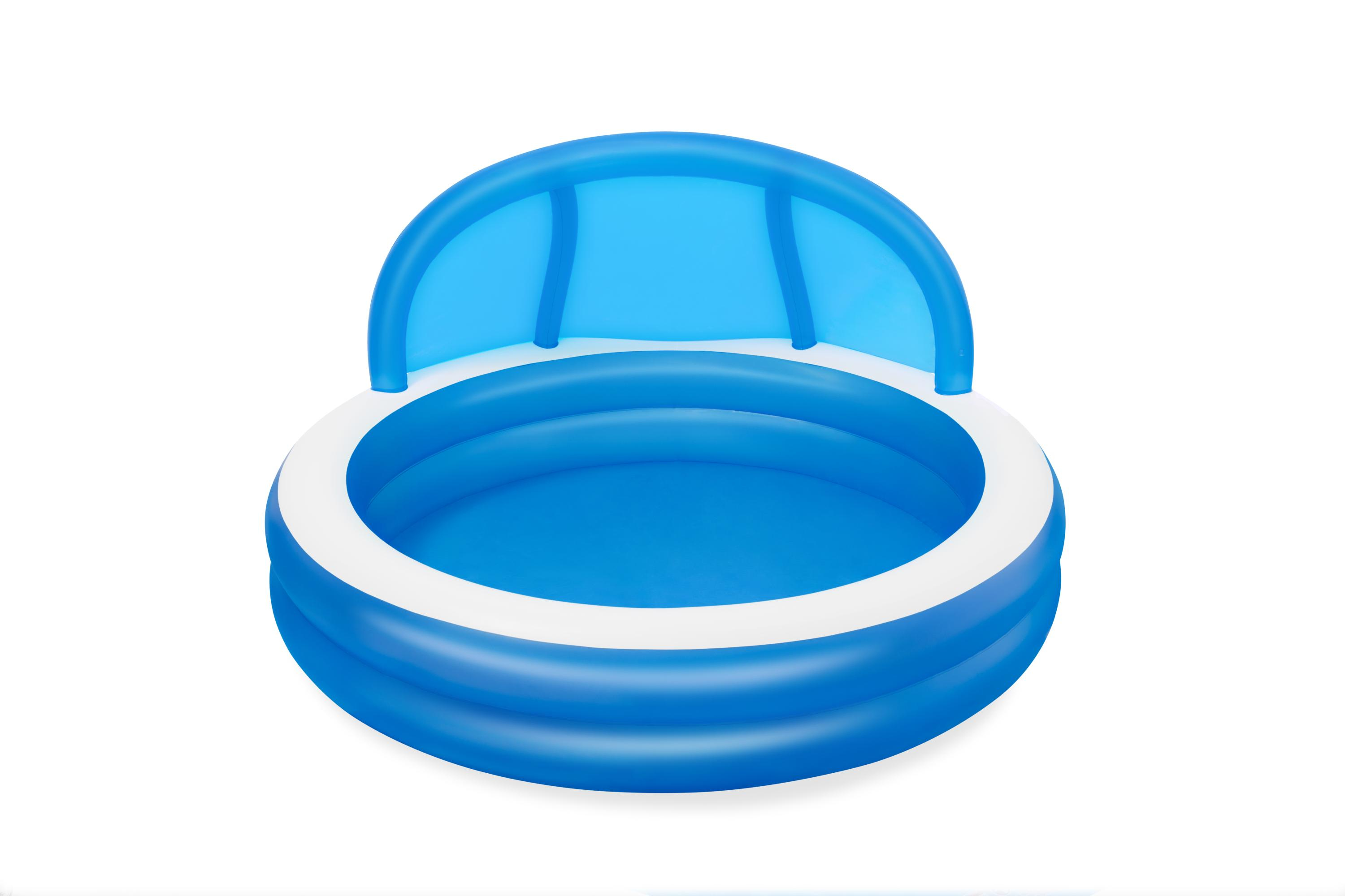 Una piscina inflable azul para niños con toldo azul, ribete blanco, sobre un fondo blanco.