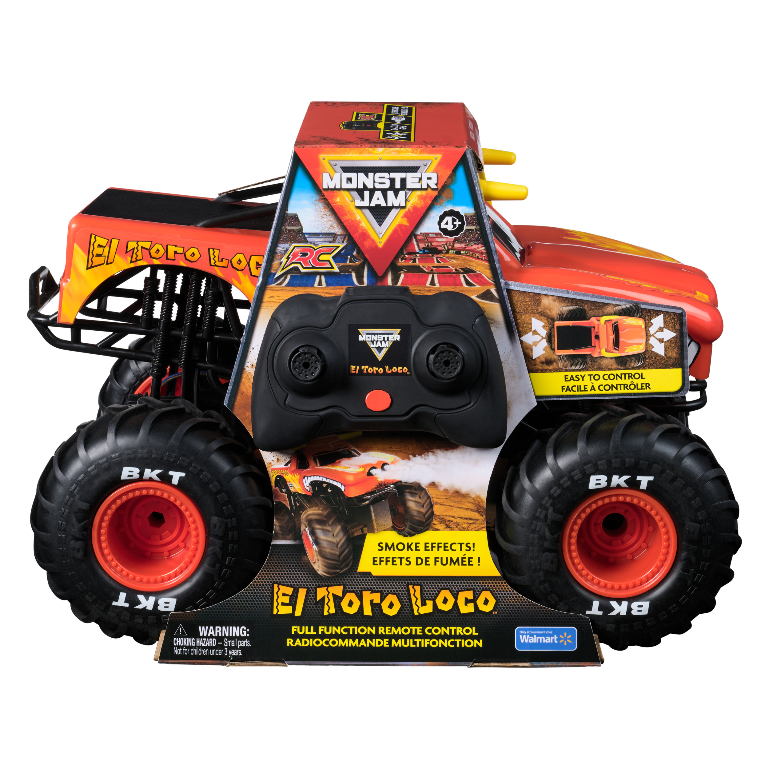 Zabawkowa ciężarówka Monster Jam na pudełku. Ma duże opony, pilota i napisy El Toro Loco.