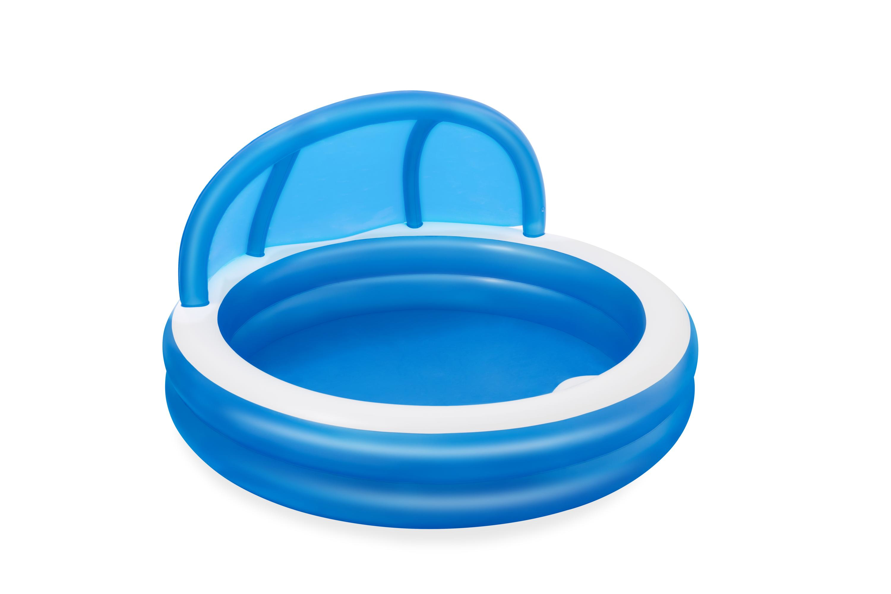 Una piscina infantil inflable azul con sombrilla, borde blanco y interior azul, sobre fondo blanco.