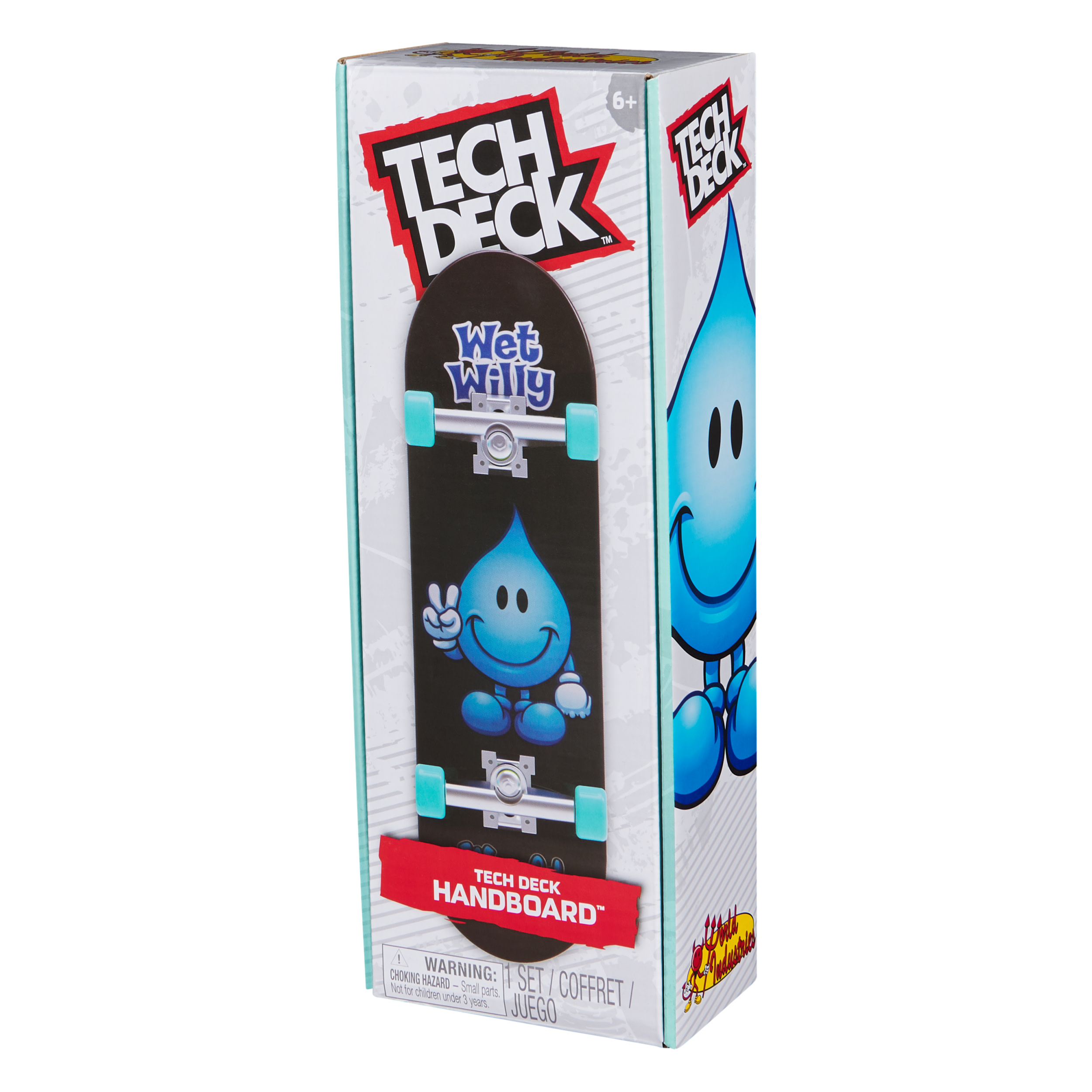 Pudełko handboard Tech Deck. Pudełko ma deskorolkę Wet Willy i niebieską postać kropli wody.